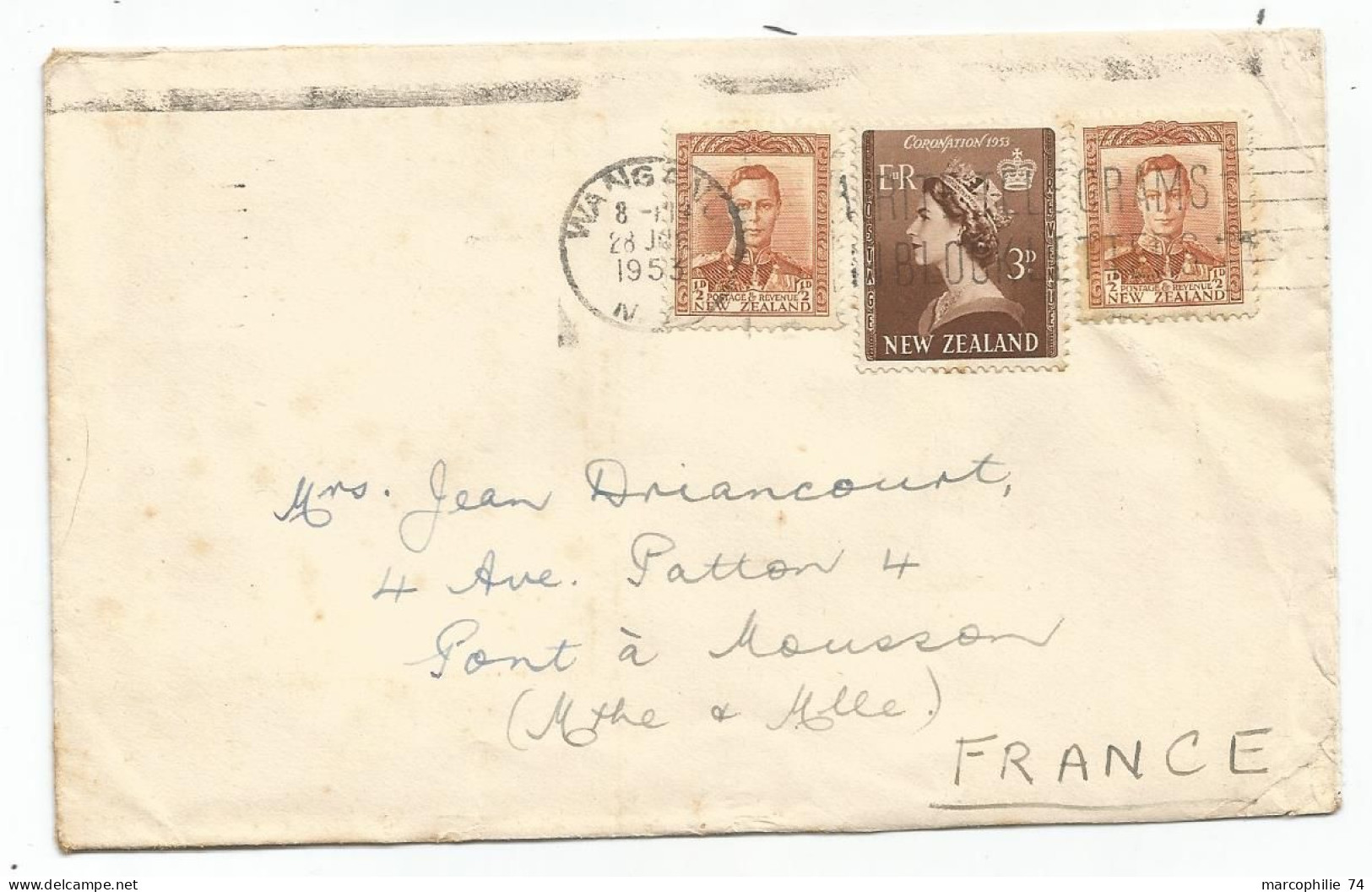 NEW ZEALAND 3D+1/2DX2 LETTRE COVER WANGANNI 1953 TO FRANCE - Lettres & Documents