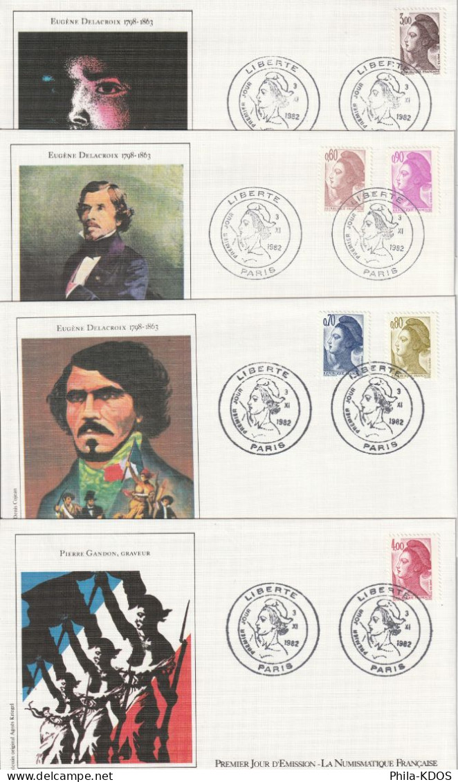 " TYPE LIBERTE DE DELACROIX " Sur 4 Enveloppes 1er Jour De 1982 Ed° LNF N° YT 2239 à 2244 Parfait état. FDC à Saisir !!! - 1982-1990 Liberté (Gandon)