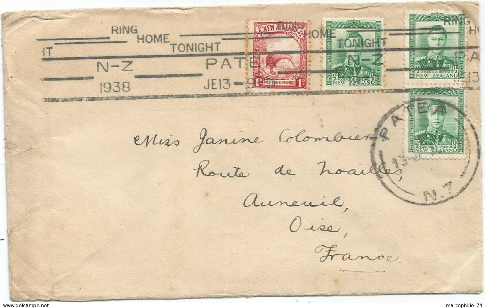 NEW ZEALAND  LETTRE COVER PATEA 1938 TO FRANCE - Cartas & Documentos