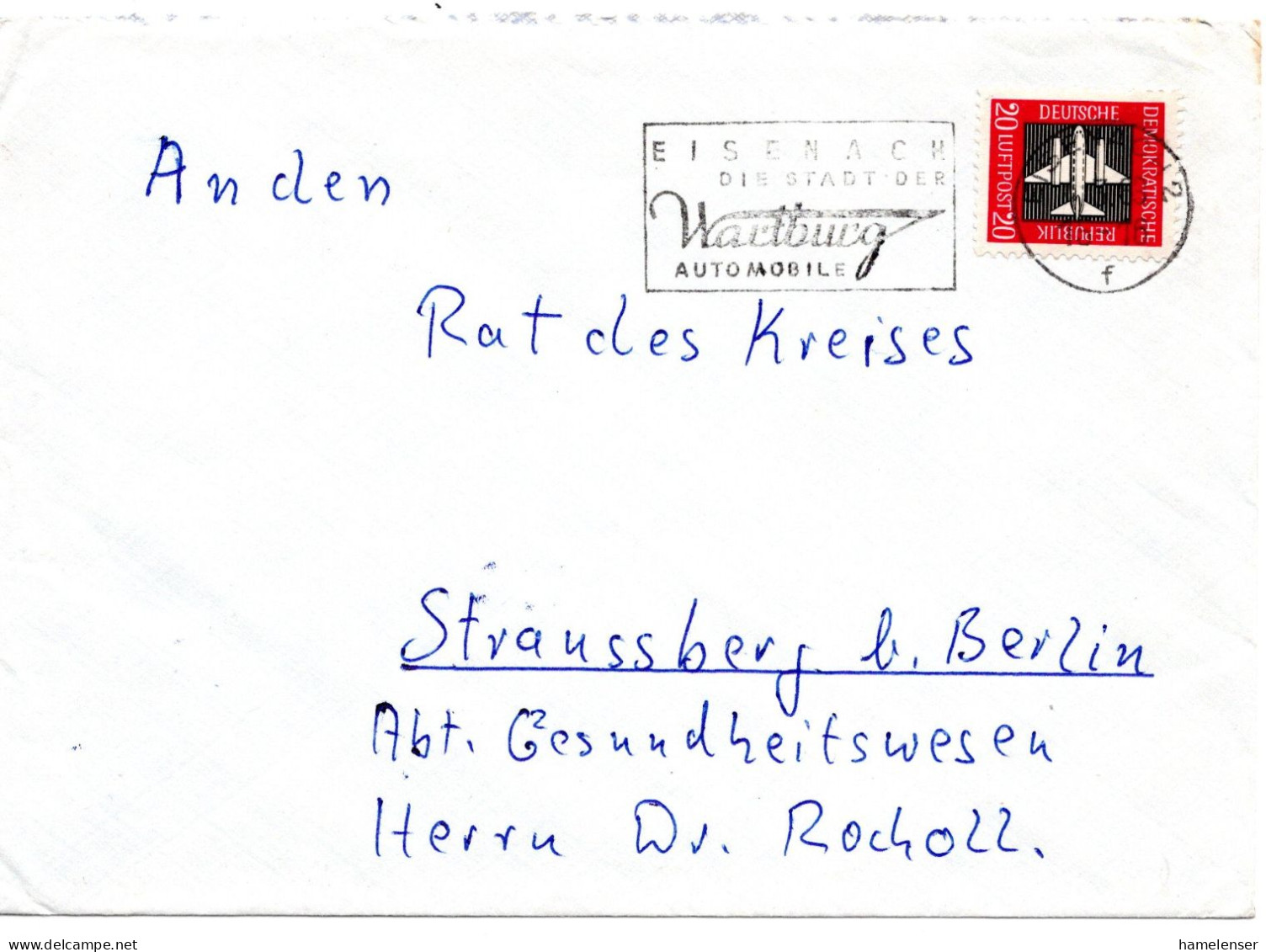 60757 - DDR - 1963 - 20Pfg Luftpost EF A Bf EISENACH - ... WARTBURG-AUTOMOBILE -> Strausberg - Voitures