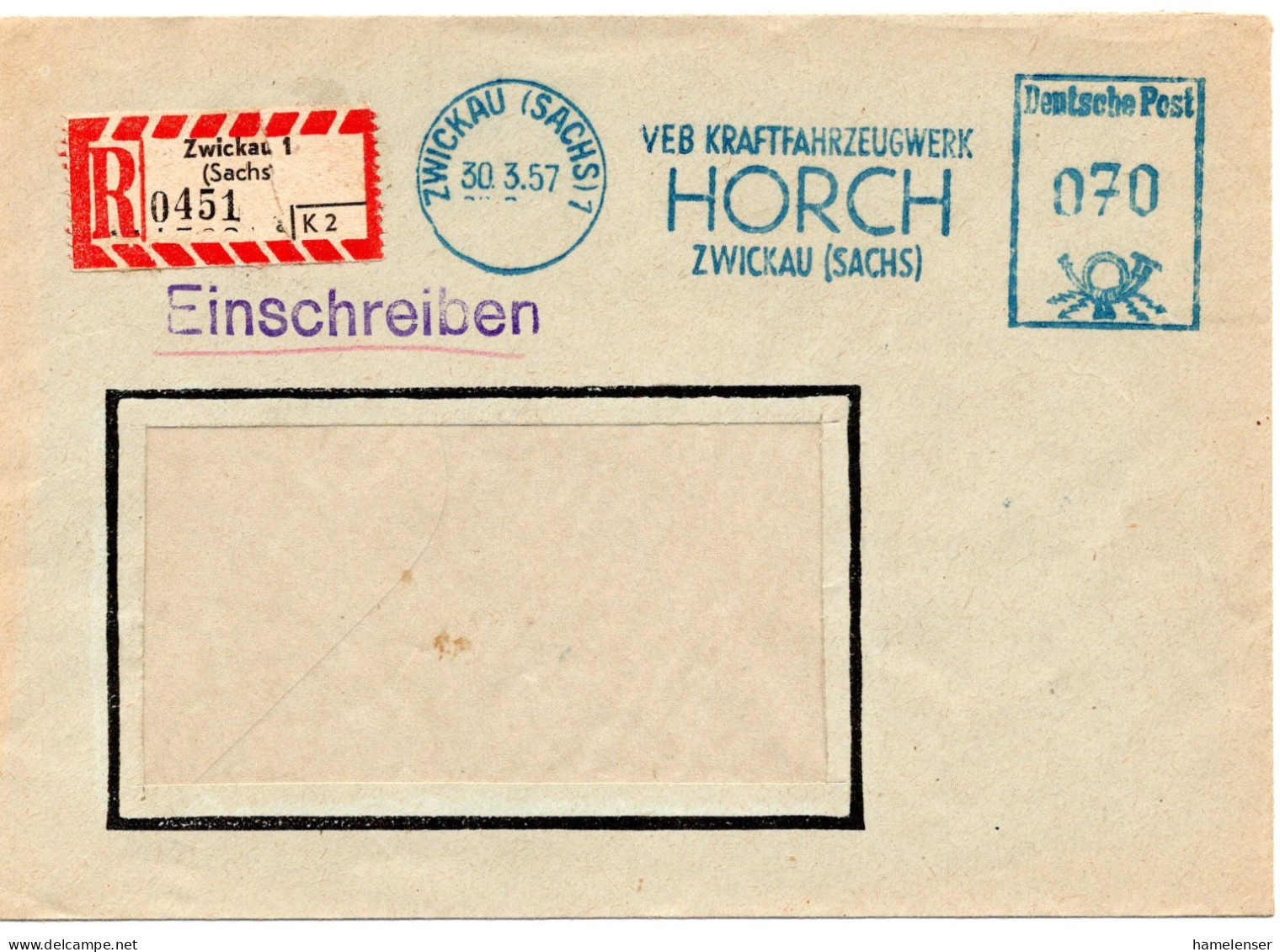 60758 - DDR - 1957 - 70Pfg AbsFreistpl A R-Bf ZWICKAU - VEB KRAFTFAHRZEUGWERK HORCH ... -> DRESDEN - Voitures