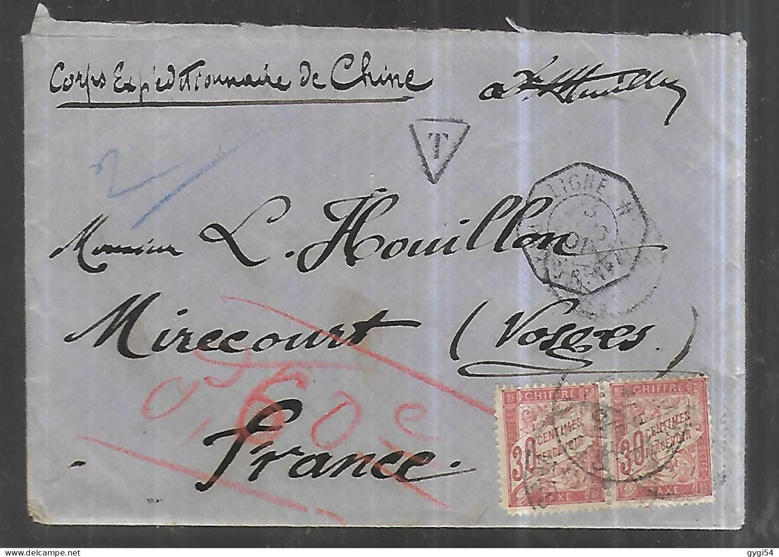 Corps Expéditionnaire  De Chine Lettre  Taxée Du 03  Avril 1901  Pour Mirecourt  Cachet Convoyeur - Covers & Documents