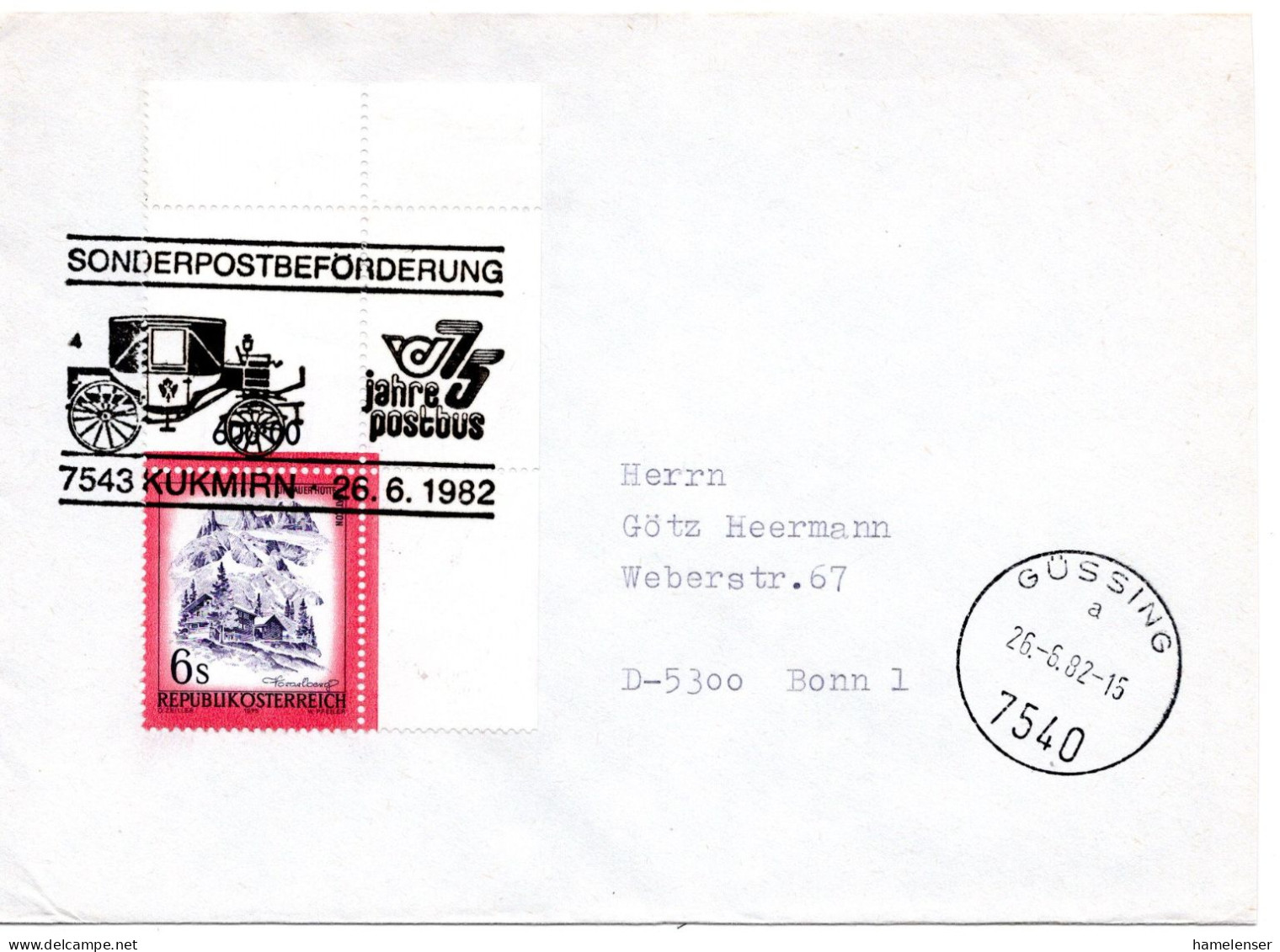 60762 - Österreich - 1982 - S6 Schoenes Österreich EF A Bf SoStpl KUKMIRN - SONDERPOSTBEFOERDERUNG .. -> Westdeutschland - Diligencias