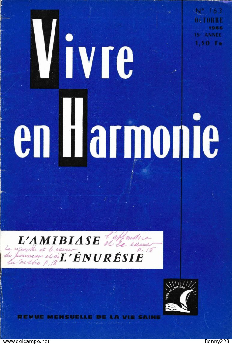 VIVRE En HARMONIE - L'AMIBIASE - L'ENURESIE - Mensuel N °163 D'octobre 1966 - Geneeskunde & Gezondheid