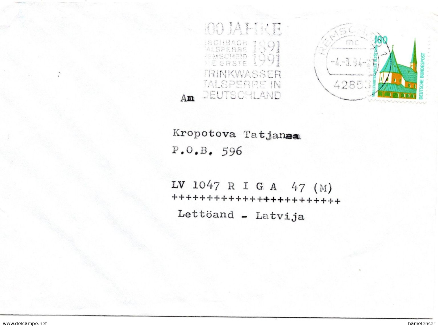 60772 - Bund - 1994 - 100Pfg SWK EF A Bf REMSCHEID - 100 JAHRE ... TALSPERRE ... -> RIGA (Lettland) - Eau