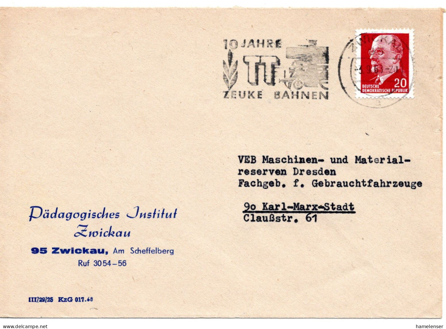 60787 - DDR - 1968 - 20Pfg Ulbricht EF A Bf ZWICKAU - 10 JAHRE TT ZEUKE BAHNEN -> Karl-Murx-Stadt - Other & Unclassified