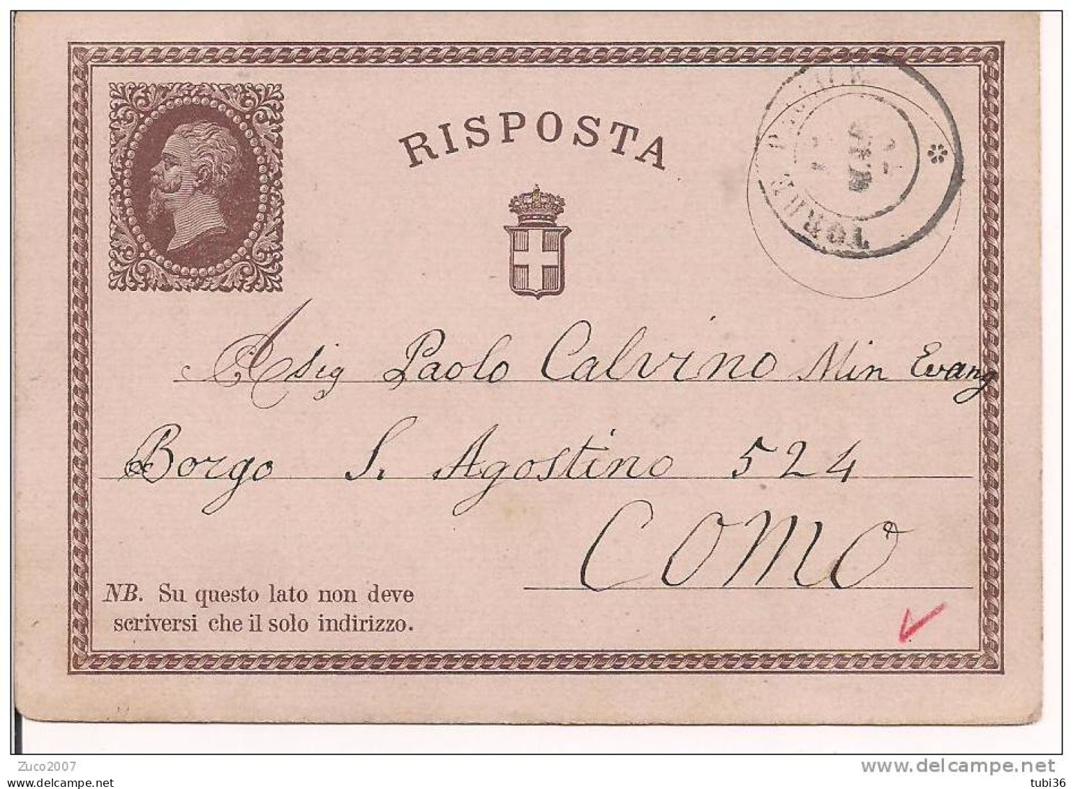 CARTOLINA POSTALE  RISPOSTA - VIAGGIATA 1878 -TORRE  PELICE  /  COMO - TASSA  15 Cent. PAGATA  CON  CP IN PARTENZA, NOTA - Interi Postali