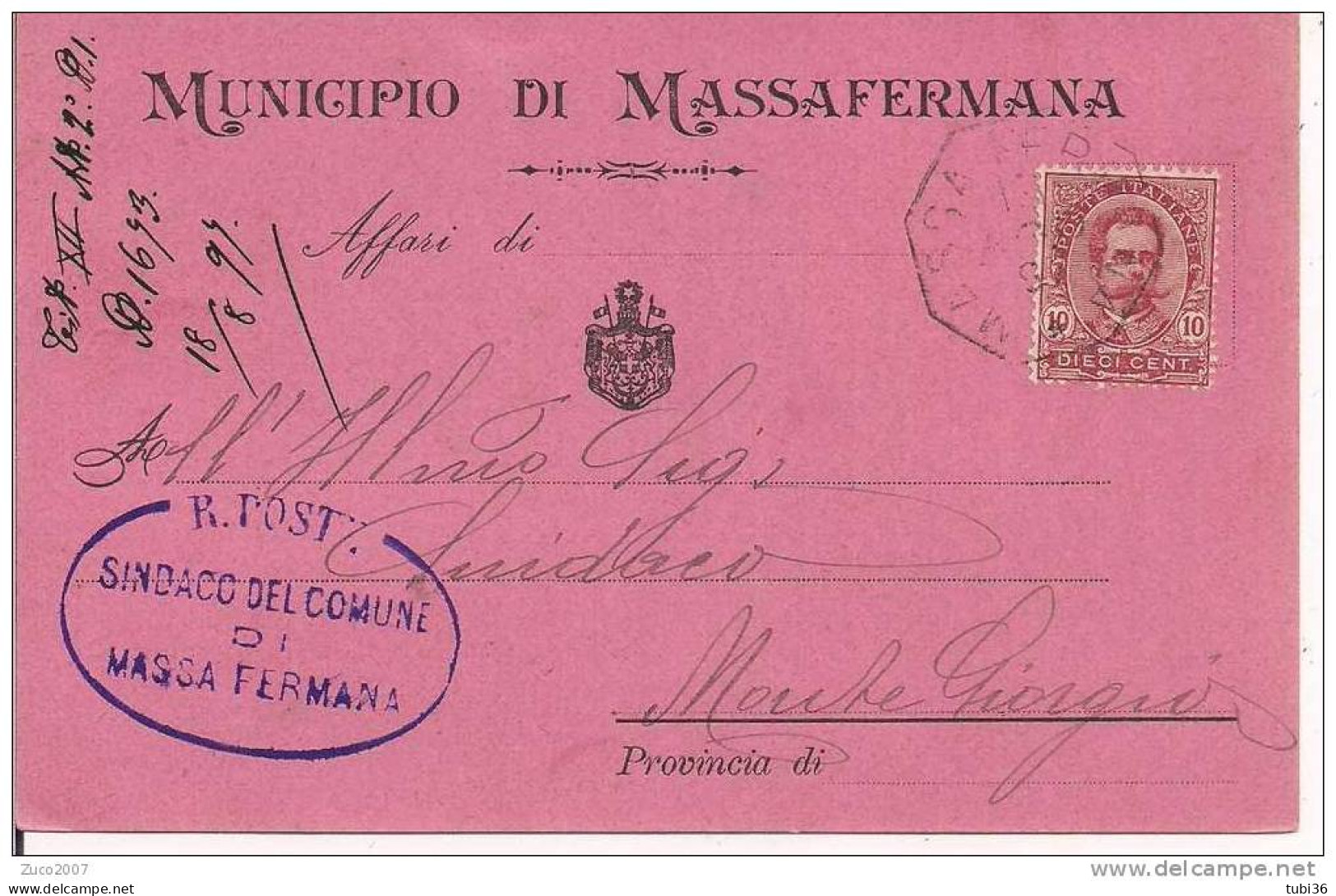 MASSAFERMANA - MUNICIPIO - CARTOLINA  PER MUNICIPIO  MONTE GIORGIO -  1897 - RISPOSTA  DATA DI NASCITA. - Fermo