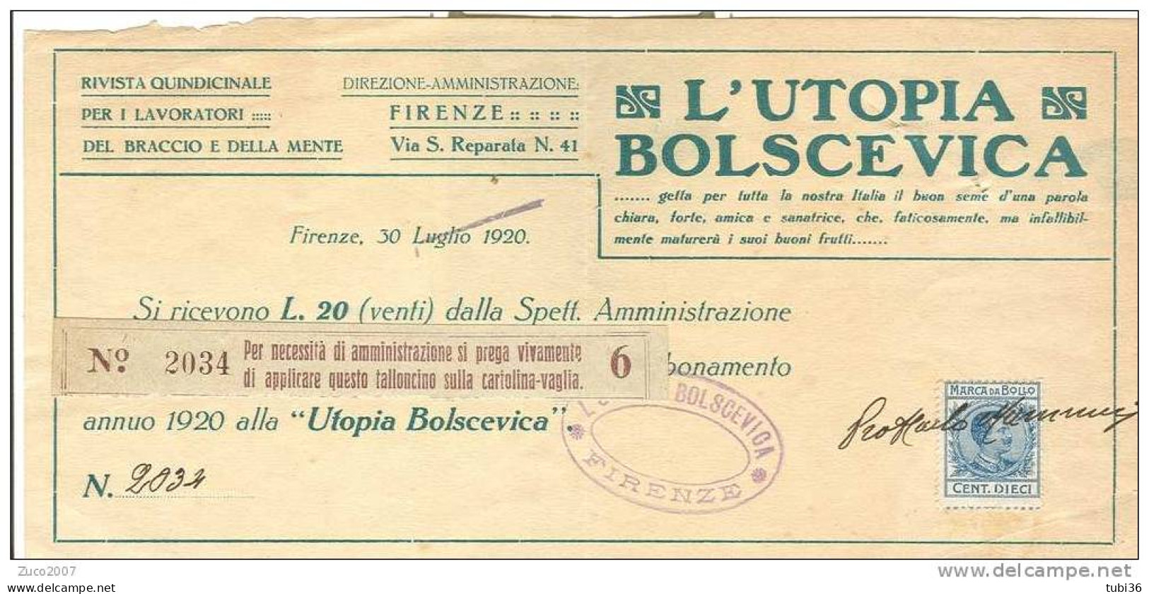 L'UTOPIA  BOLSCEVICA - FIRENZE -  RICEVUTA DI ABBONAMENTO  ANNO 1920 - CON MARCA DA BOLLO - - Society, Politics & Economy