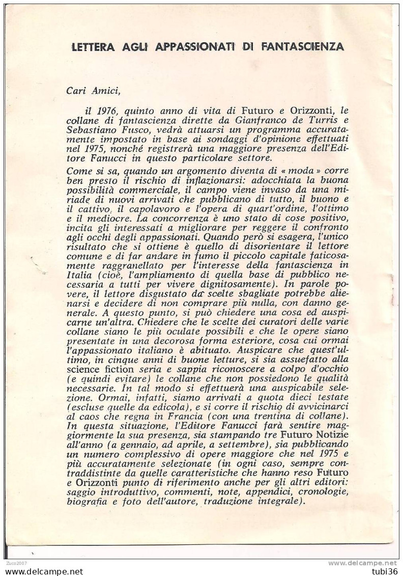 FANUCCI  EDITORE - ROMA - LETTERA AGLI APPASSIONATI DI FANTASCIENZA  - 1975 - - Science Fiction