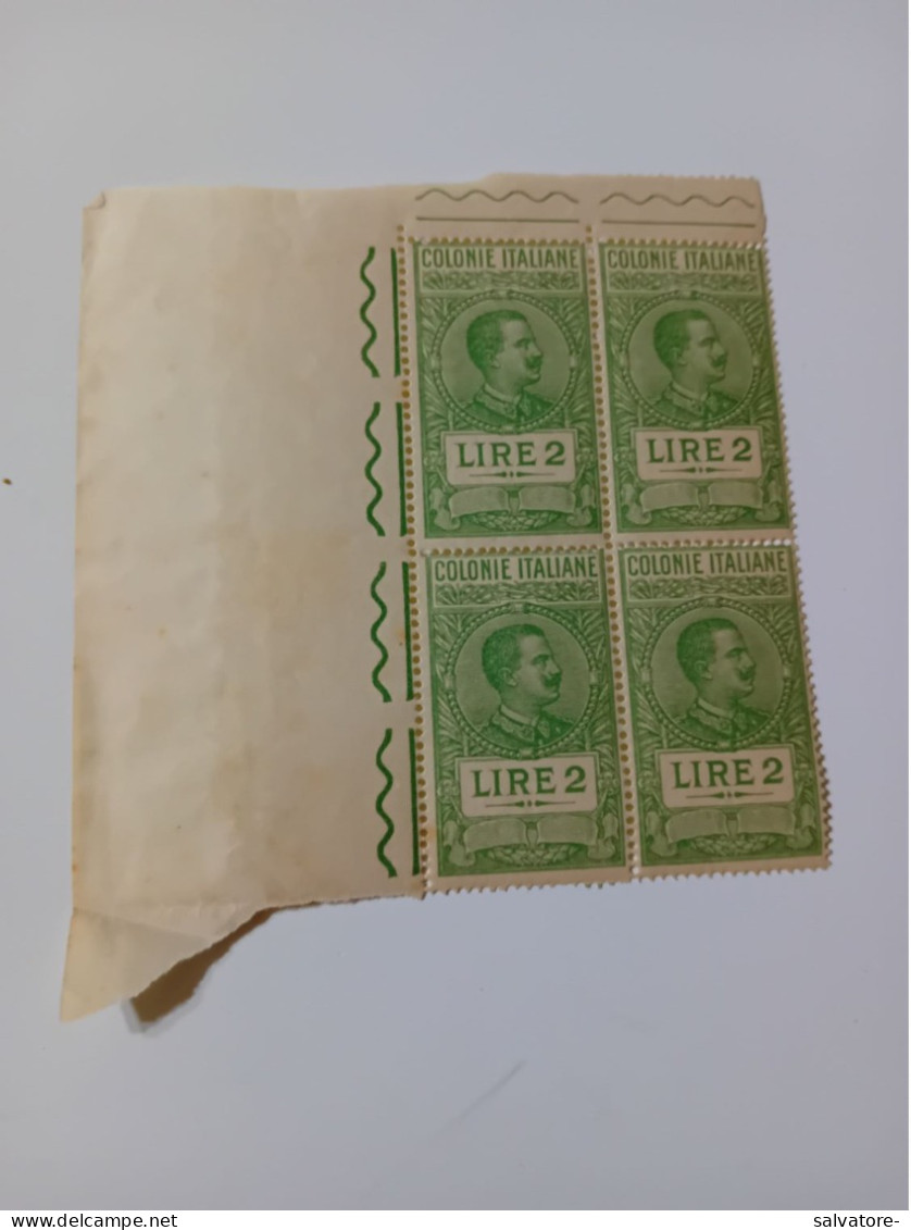 QUARTINA NUOVA MARCHE DA BOLLO COLONIE ITALIANE LIRE 2 NON LINGUELLATE - Revenue Stamps