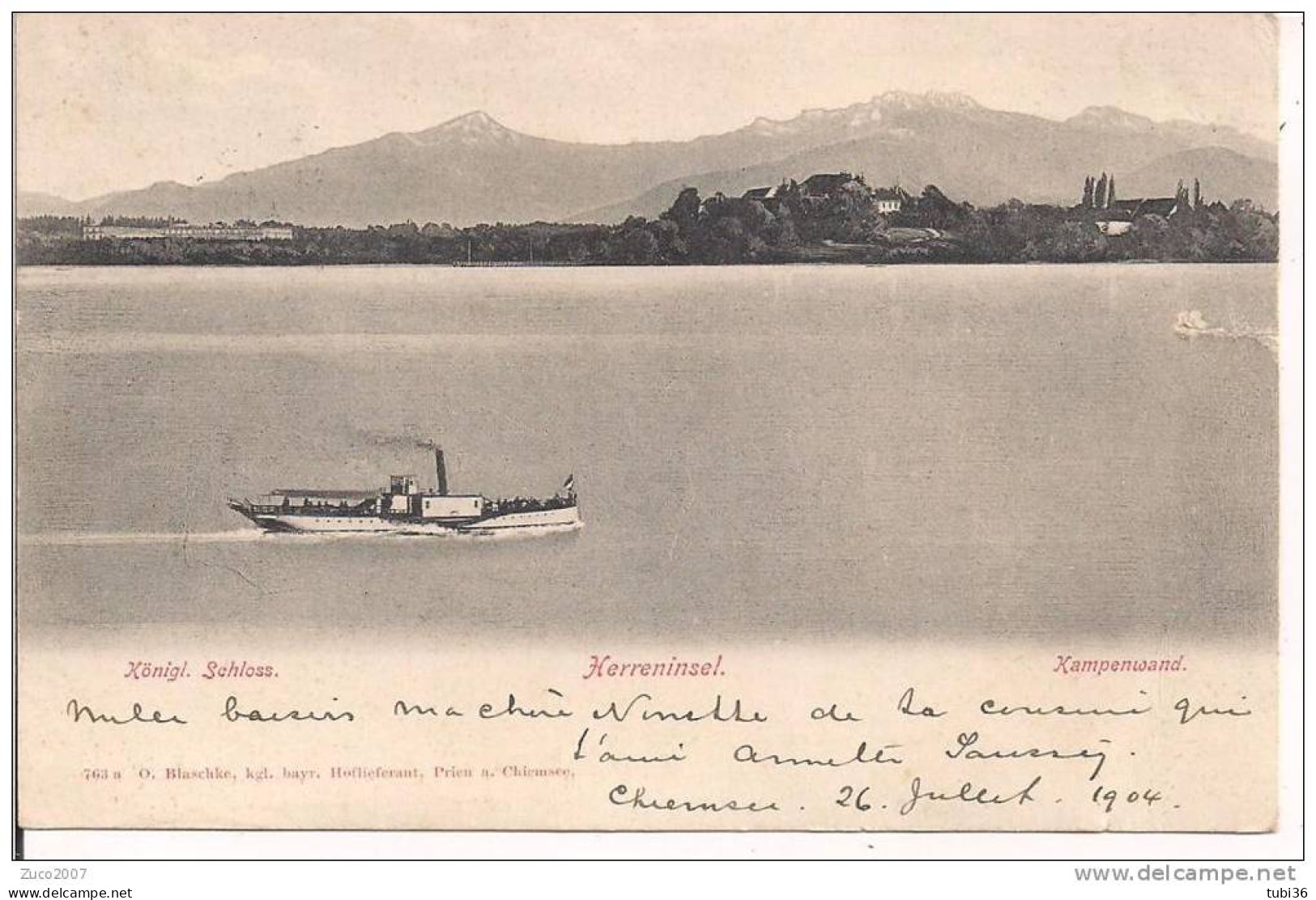 Herreninsel Mit Königsschloss, CARD ILLUSTRATED, Schwarz, Weiß, KLEIN Größe 9 X 14, Reiste 1904 Für Italien Rom, - Chiemgauer Alpen