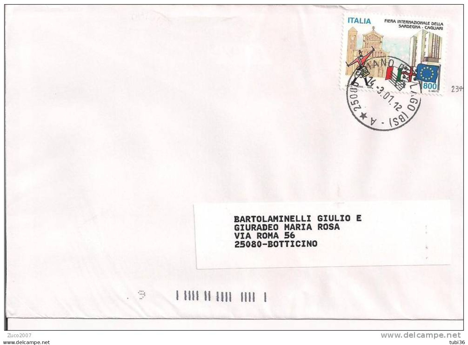 STORIA POSTALE - FIERA CAGLIARI  , LIRE 800 ,S 2244, ISOLATO IN TARIFFA SU LETTERA VIAGGIATA 2001, SOIANO DEL LAGO - Hotel- & Gaststättengewerbe