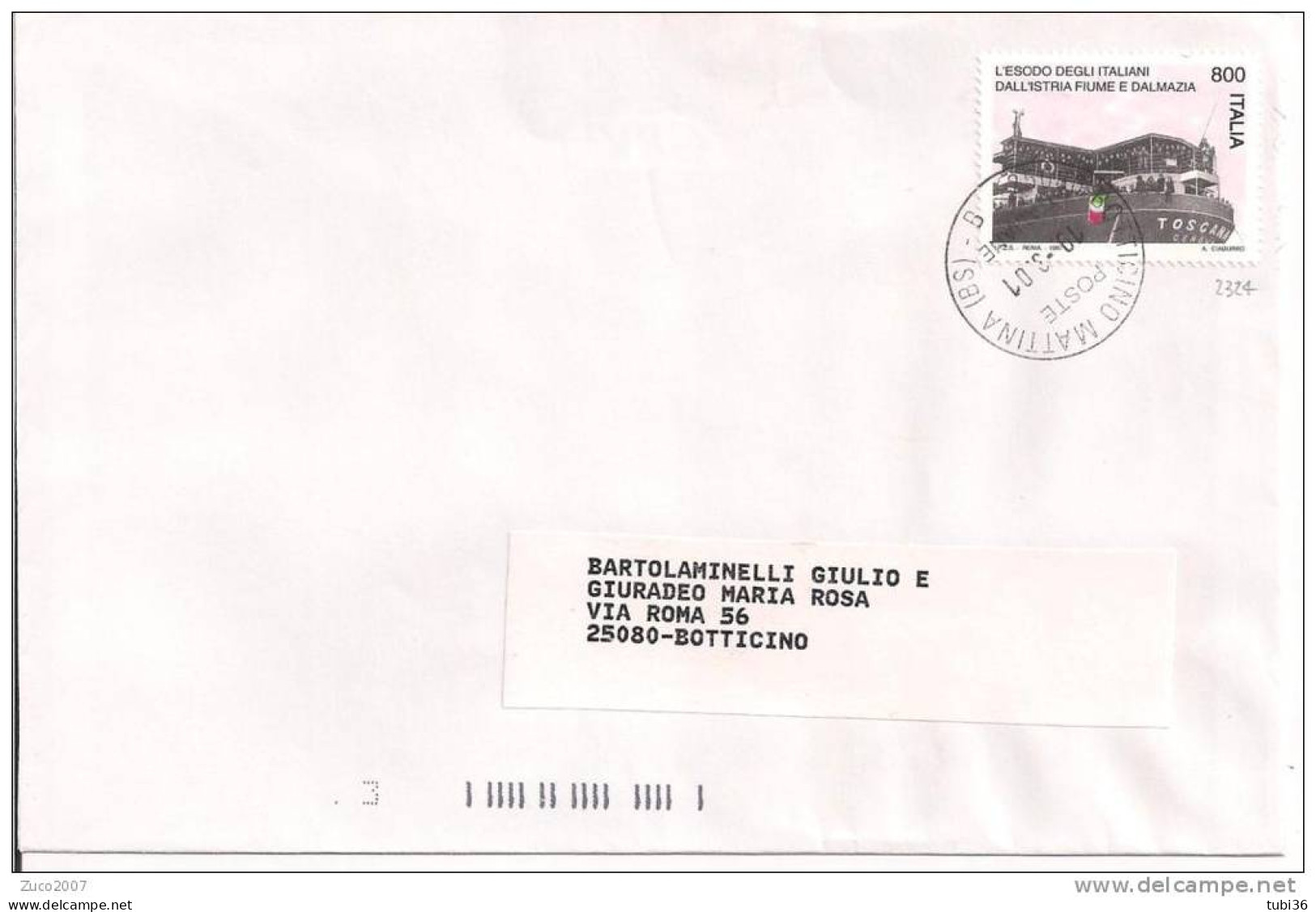 STORIA POSTALE - ESODO DALLA DALLA DALMAZIA , LIRE 800 ,S 2324, ISOLATO IN TARIFFA SU LETTERA VIAGGIATA 2001, TIMBRO POS - Flüchtlinge