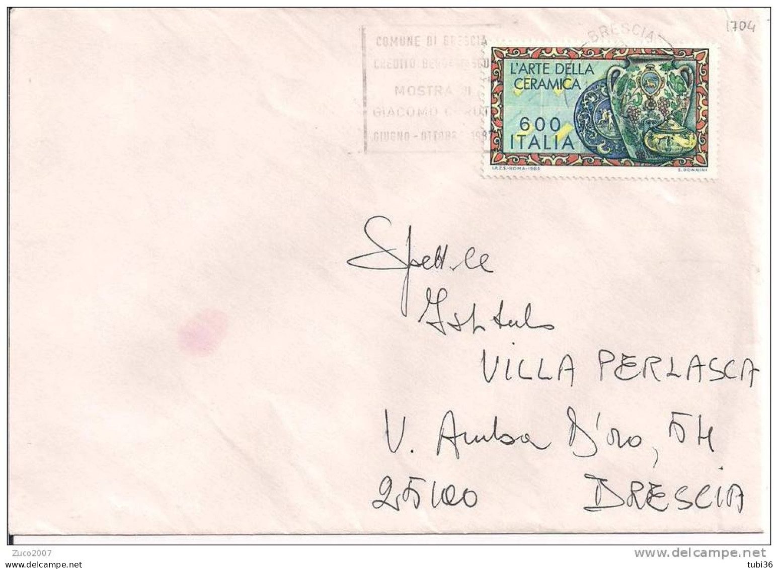 STORIA POSTALE - LAVORO ITALIANO SX, LIRE 600 ,S 1704, ISOLATO IN TARIFFA SU LETTERA VIAGGIATA  1985, TIMBRO POSTE BRESC - Porselein