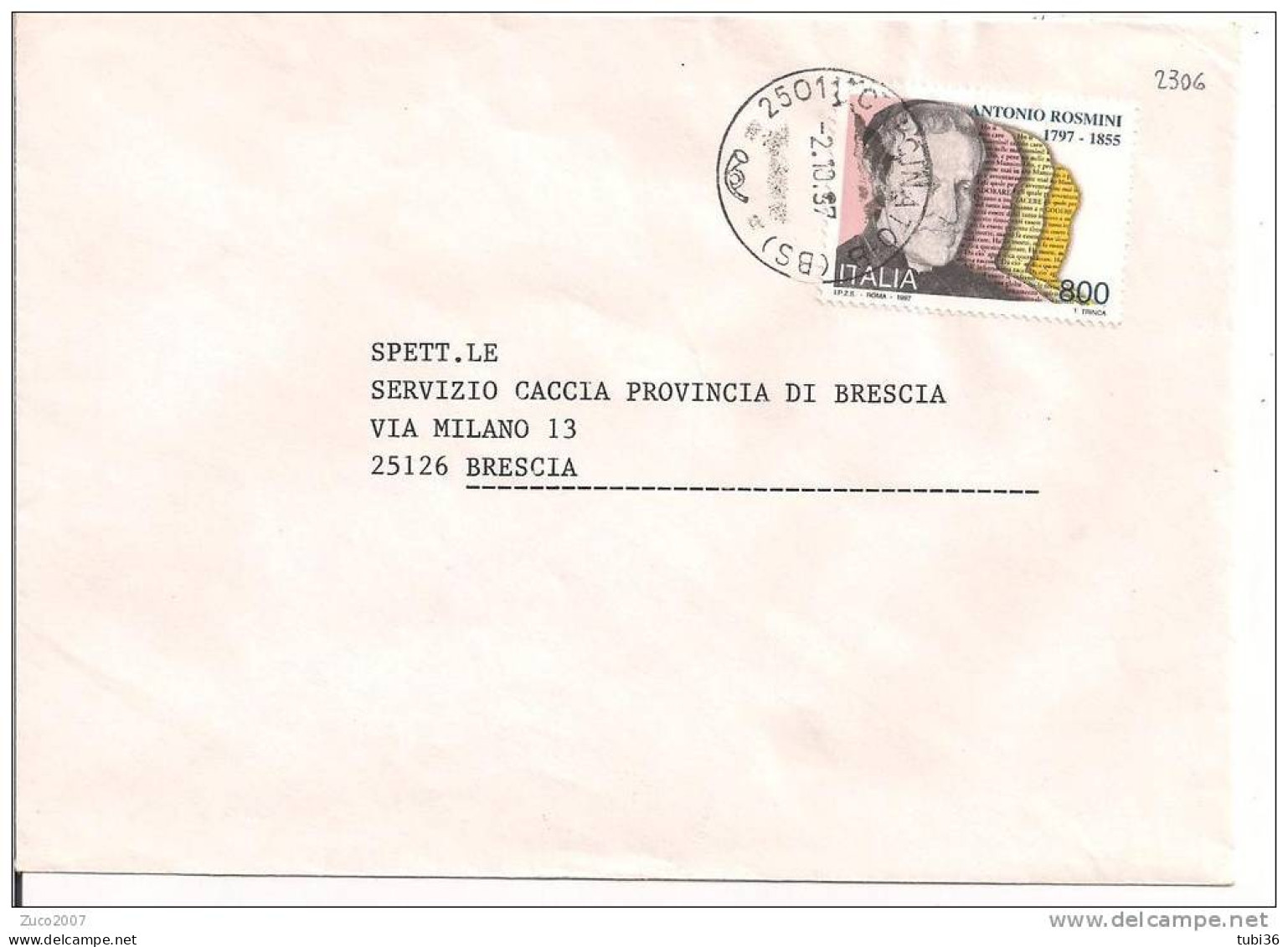 STORIA POSTALE - ROSMINI, LIRE 800 ,S 2306, ISOLATO IN TARIFFA SU LETTERA  VIAGGIATA ,1997, CALCINATO/BRESCIA - Theologen