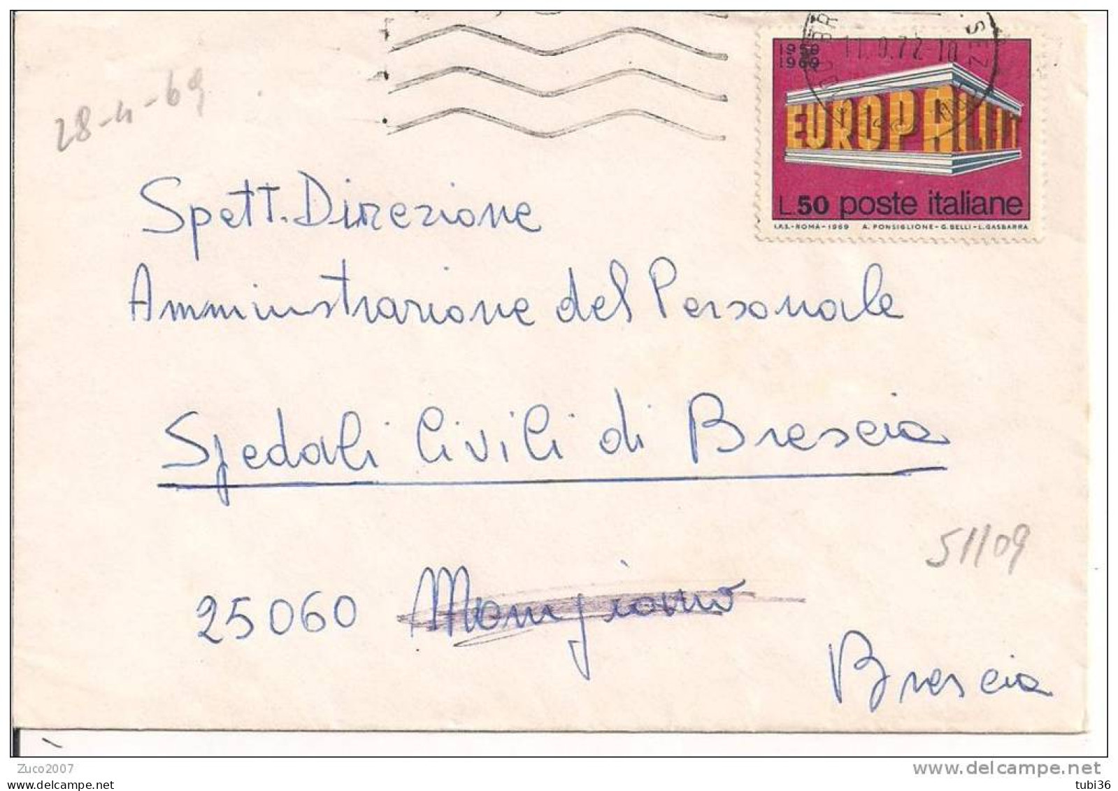 STORIA POSTALE - EUROPA  69 LIRE 50 ,S 1109, ISOLATO IN TARIFFA SU LETTERA VIAGGIATA  1972,  BRESCIA / MOMPIANO - 1960