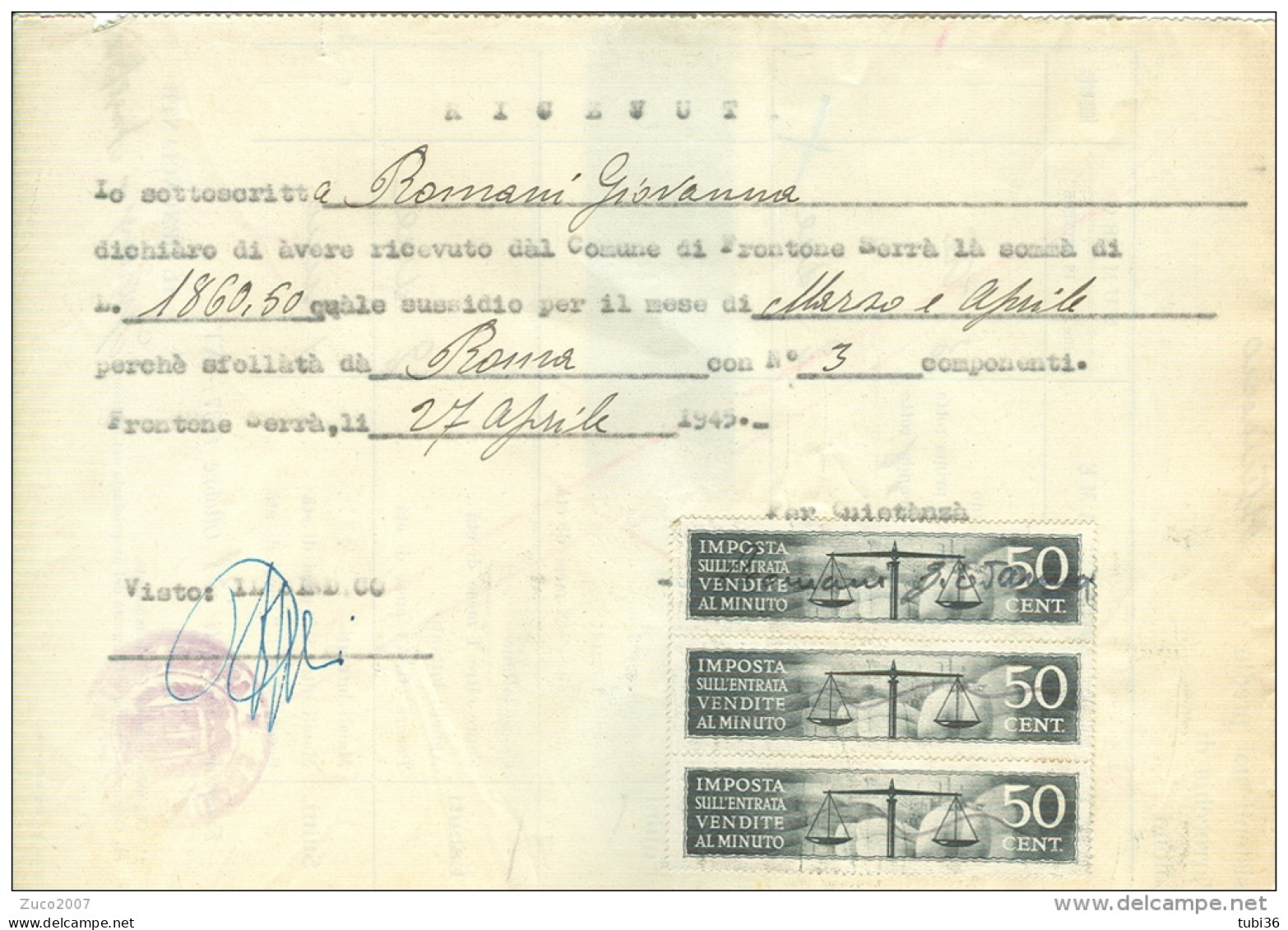 COMUNE DI FRONTONE SERRA,PESARO,  IMPOSTA ENTRATA , VENDITE AL MINUTO, Cent:50 X 3, MARCHE  SU RICEVUTA SUSSIDIO, 1945, - Steuermarken