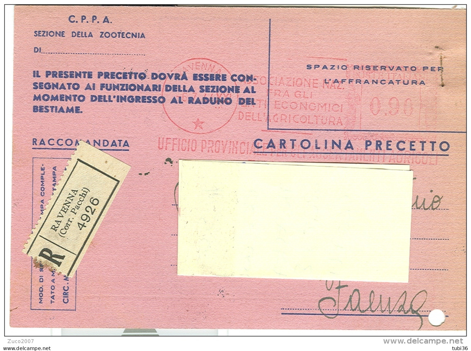 CARTOLINA PRECETTO, BESTIAME BOVINO, FAENZA 1944, DOCUMENTO RARO, - Faenza