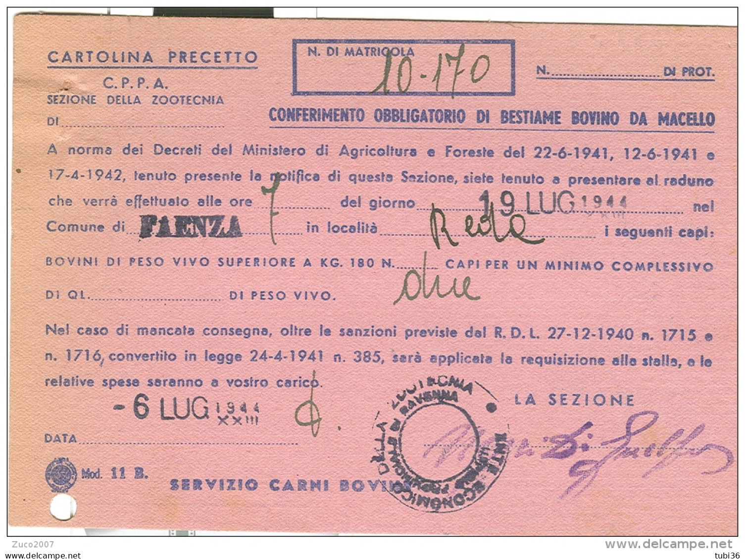 CARTOLINA PRECETTO, BESTIAME BOVINO, FAENZA 1944, DOCUMENTO RARO, - Faenza