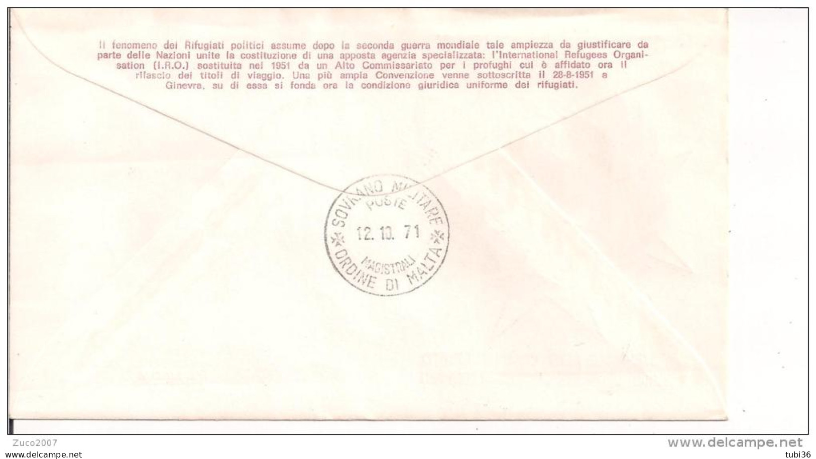 SMOM, VENTENNALE  ALTO COMMISSARIATO  NAZIONI UNITE  RIFUGIATI  1951-1971,  FDC 1971, - Vluchtelingen