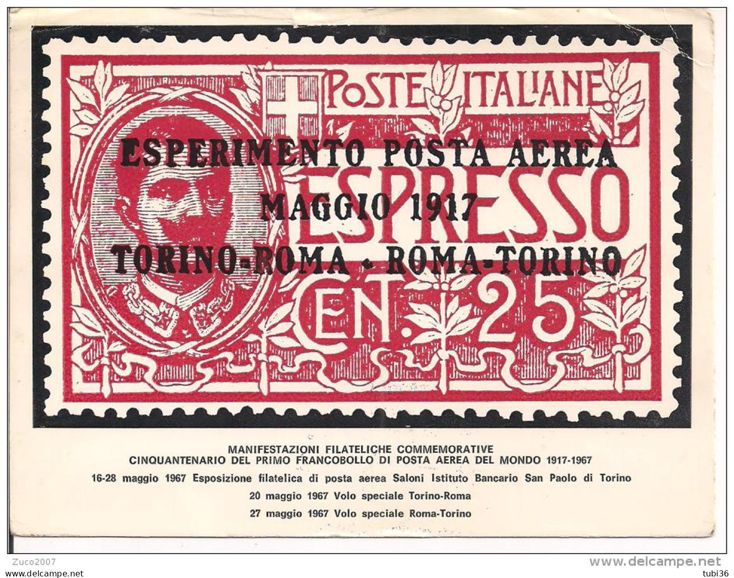 TORINO, CINQUANTENARIO PRIMO FRANCOBOLLO POSTA AEREA, 1917-1967, ANNULLO SPECIALE SU  CARTOLINA DEDICATA, - Poste