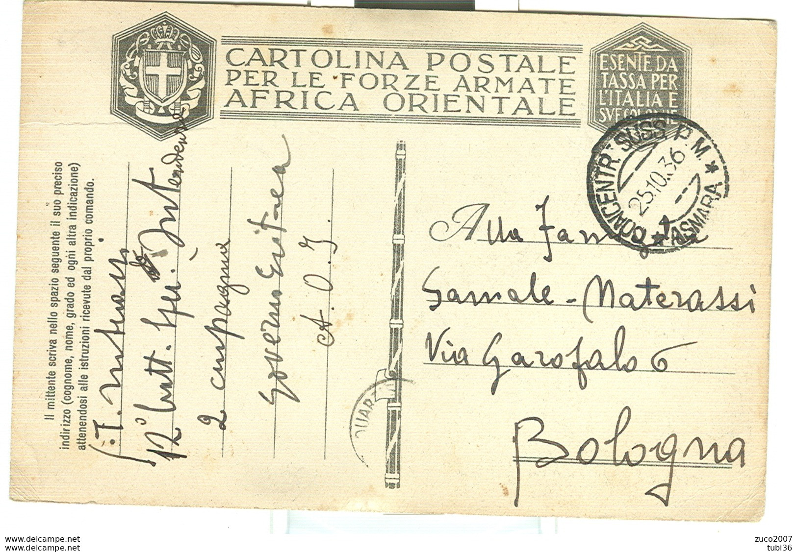 C.P. FORZE ARMATE  AFRICA ORIENTALE,1936,TIMBRO CONCENTR.SUSS. P.M. ASMARA -PER BOLOGNA, - Italian Eastern Africa