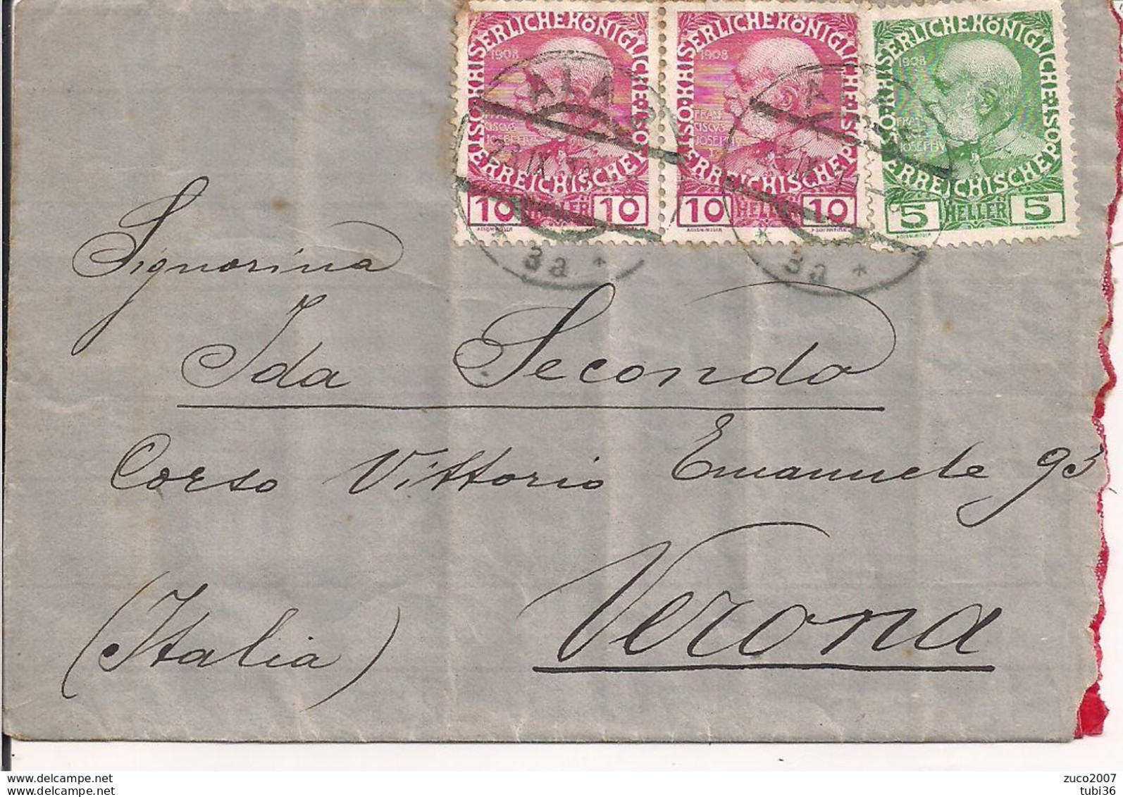 OCCUPAZOPNE  AUSTRO-UNGARICA,HELLER 10+10+5, LETTERA VIAGGIATA 1911, TIMBRO POSTE  ALA (TRENTO),VERONA, - Ocupación Austriaca