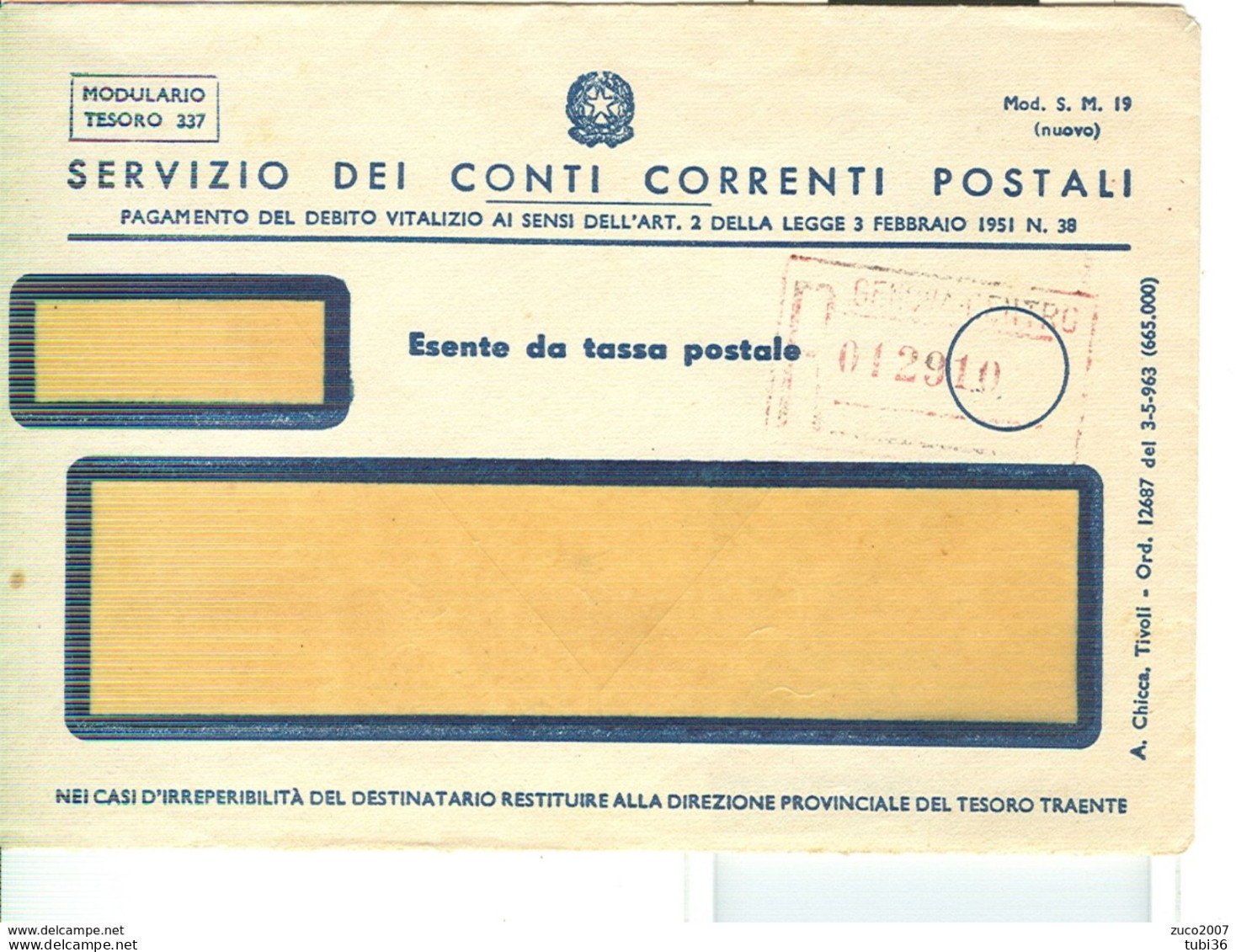 SERVIZIO CONTI CORRENTI POSTALI- DEBITO VITALIZIO -ESENTE DA TASSA POSTALE -RACCOMANDATA - BUSTA STORICA - - Poste