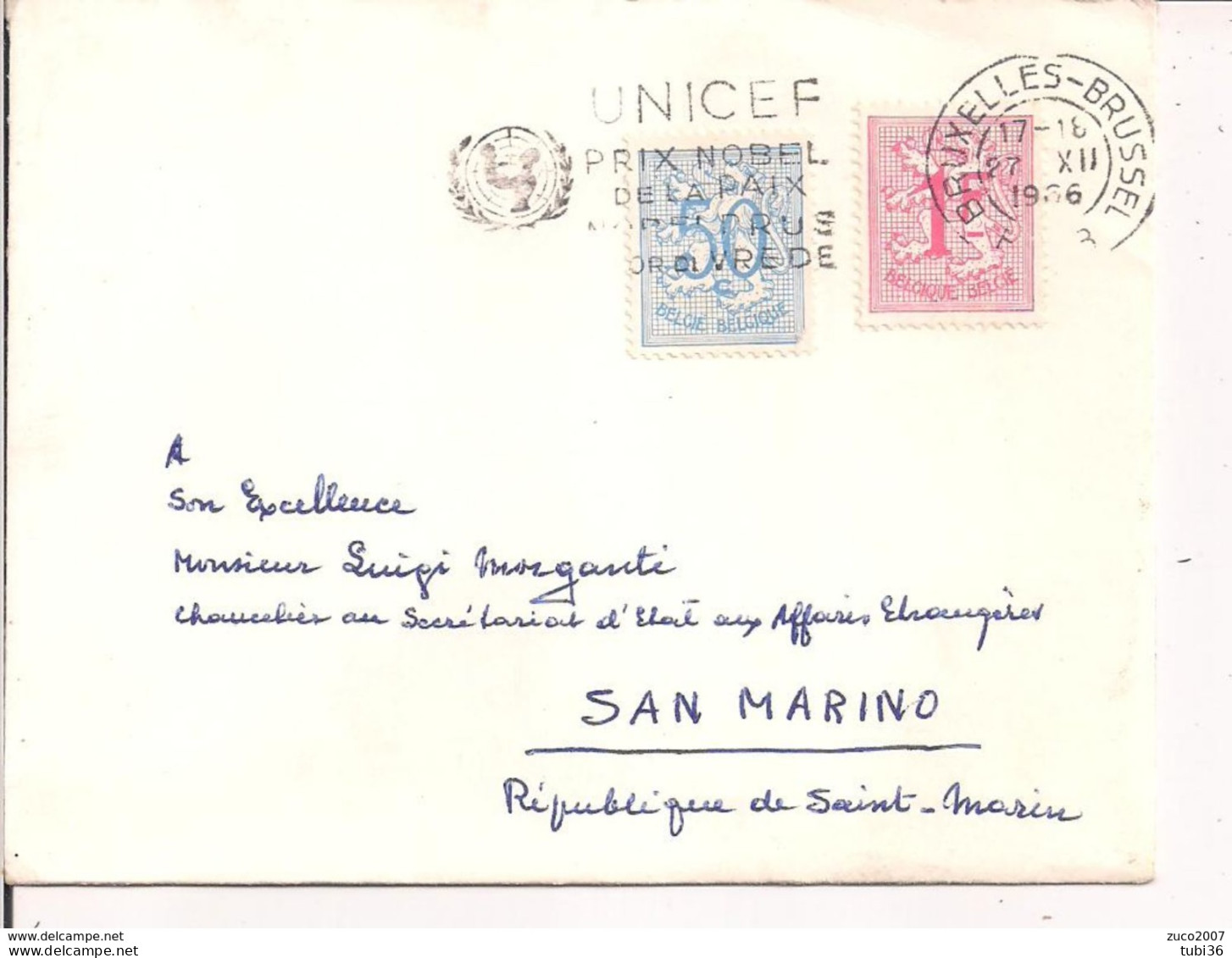 BELGIO - UNICEF -TIMBRO POSTE TARGHETTA BRUXELLES - 1966 - SAN MARINO - Sellados Mecánicos