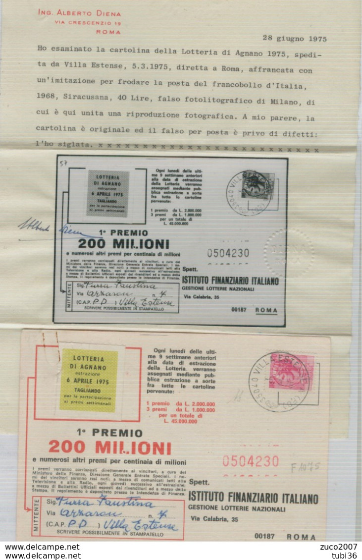 SIRACUSANA £.40 - FALSO PER POSTA,viaggiato 1975,C.P. LOTTERIA DI AGNANO - CERTIFICATO ALBERTO DIENA, - Varietà E Curiosità