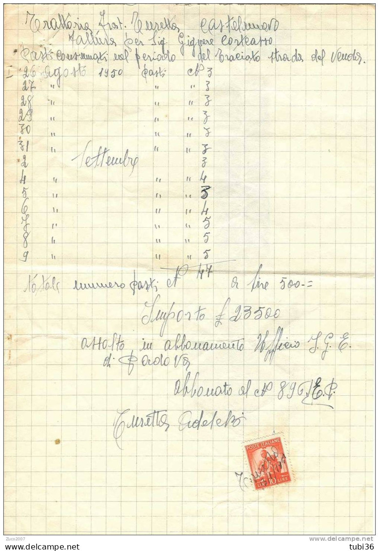 DEMOCRATICA £.10  -  USATO  NEL 1951  COME MARCA DA BOLLO SU FATTURA   TURETTA  - CASTELNUOVO  PADOVA - Revenue Stamps