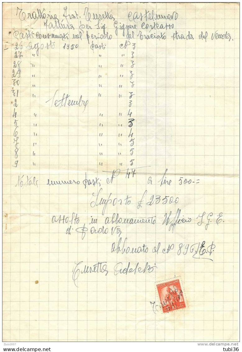 DEMOCRATICA £.10  -  USATO  NEL 1951  COME MARCA DA BOLLO SU FATTURA   TURETTA  - CASTELNUOVO  PADOVA - Fiscales