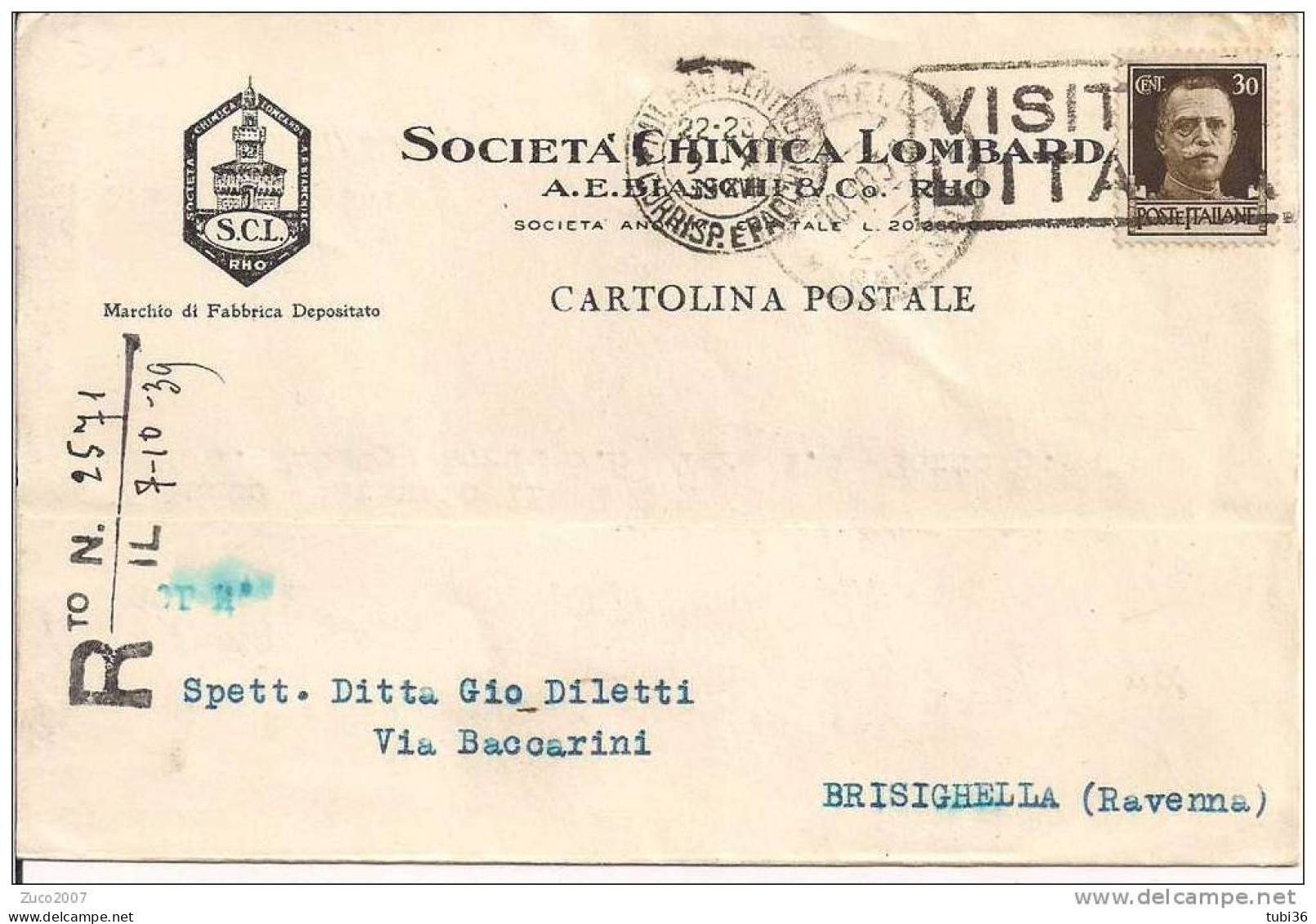 SOCIETA' CHIMICA LOMBARDA - RHO - CARTOLINA COMMERCIALE VIAGGIATA  1939 - TIMBRO POSTE MILANO  TARGHETTA. - Rho