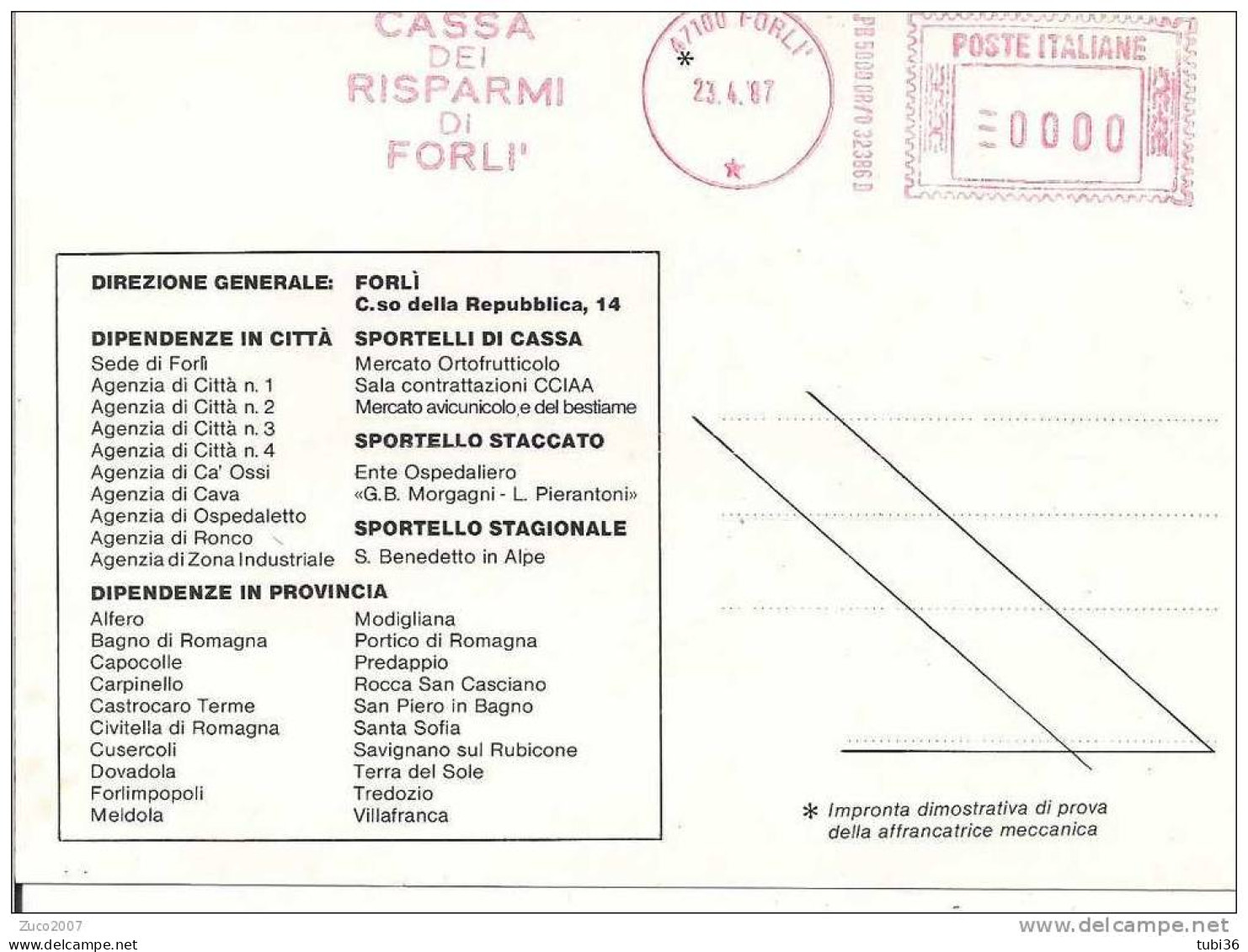 CASSA DEI RISPARMI  DI FORLI -  B/N  N/V  - AL RETRO IMPRONTA ROSSA DELLA  AFFRANCATRICE  1987 / - Banche