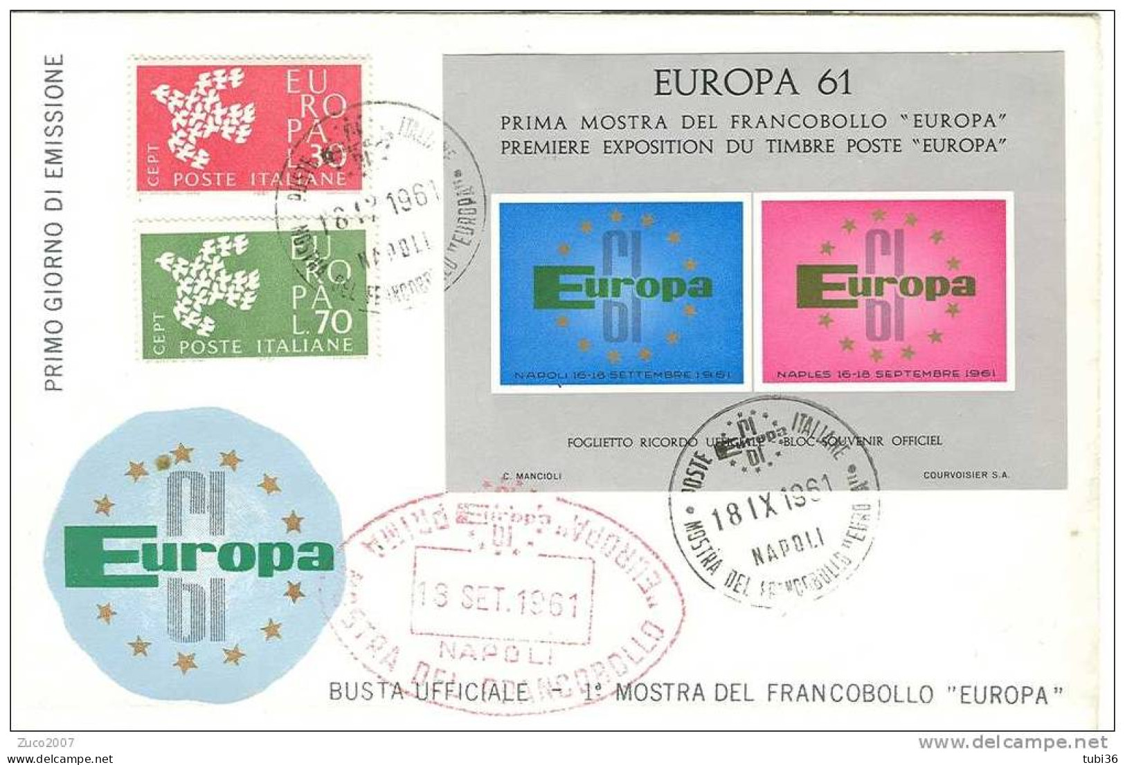 EUROPA 61 - FDC + FOGLIETTO - BUSTA UFFICIALE  1° MOSTRA  FRANCOBOLLO EUROPA - 1961 NAPOLI - - 1961