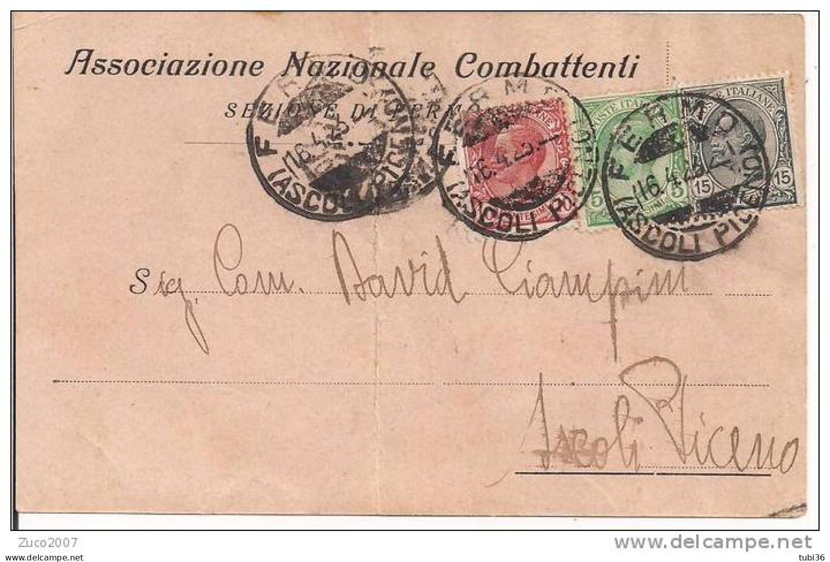 ASSOCIAZIONE NAZIONALE COMBATTENTI -  FERMO - CARTOLINA VIAGGIATA  1923 - PER ASCOLI  PICENO - Fermo