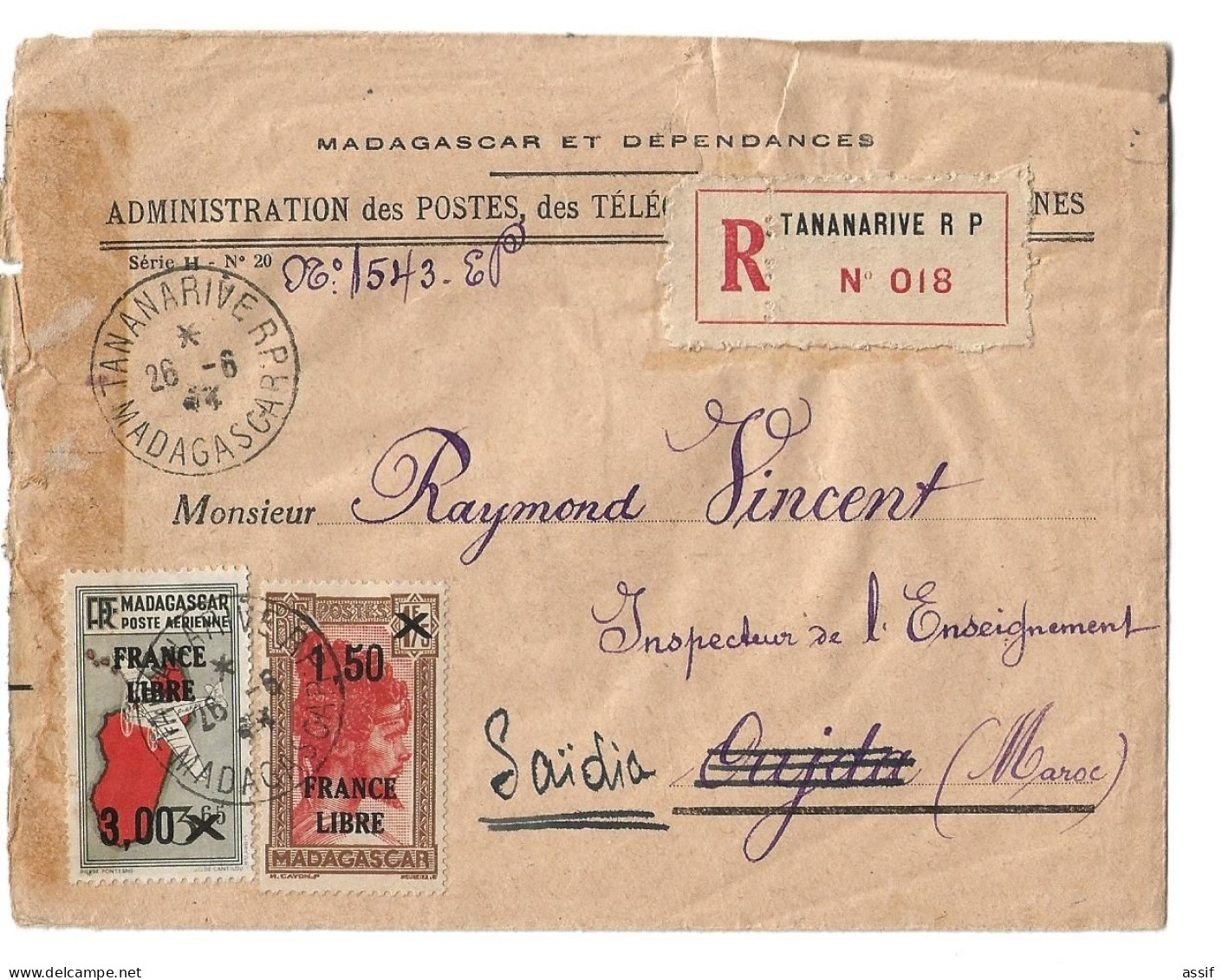 Madagascar Lettre Recommandée Juin 1944 Censure Censor Saidia Maroc - Covers & Documents