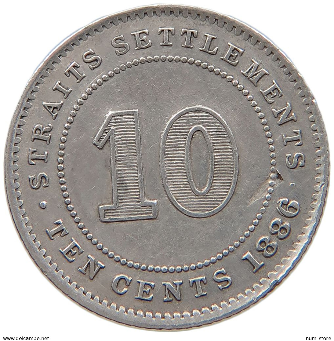 STRAITS SETTLEMENTS 10 CENTS 1886 VICTORIA 1837-1901 DOUBLE STRUCK 6 DIE ERROR #MA 068858 - Colonies