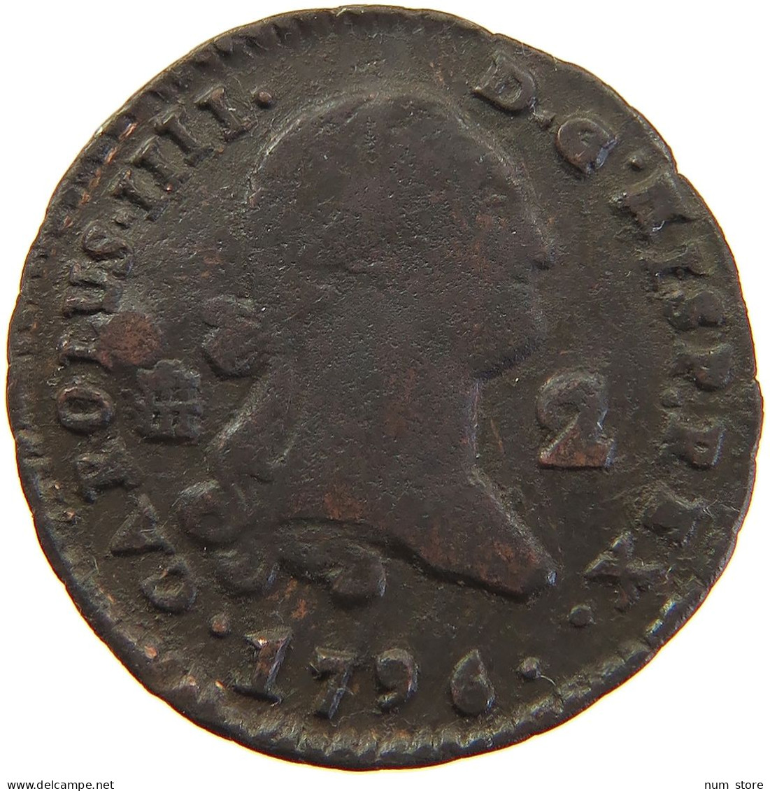 SPAIN 2 MARAVEDIS 1796 CARLOS IV, 1788-1808 #MA 059630 - First Minting