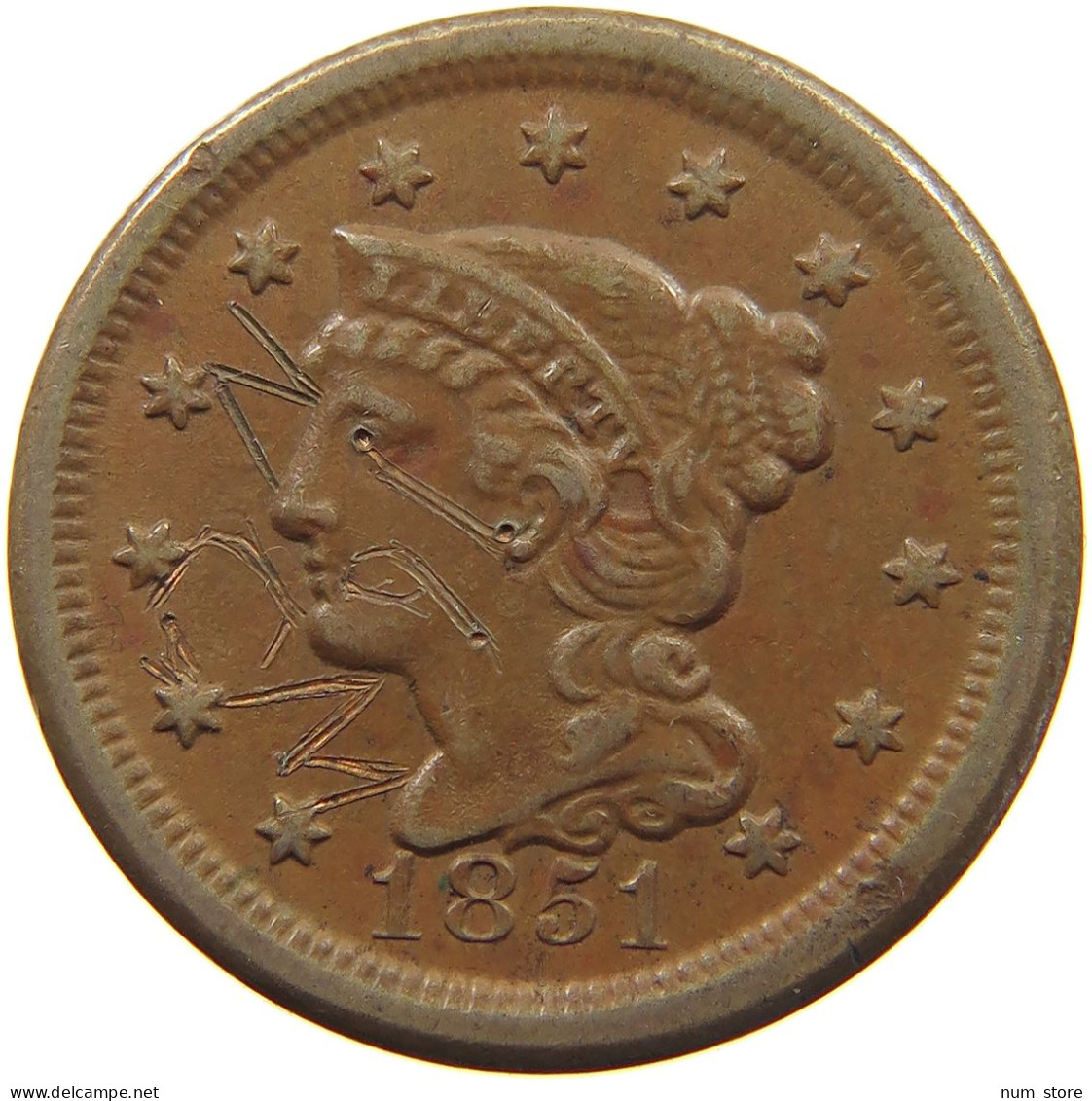 USA CENT 1851 ENGRAVED #MA 021723 - 1840-1857: Braided Hair