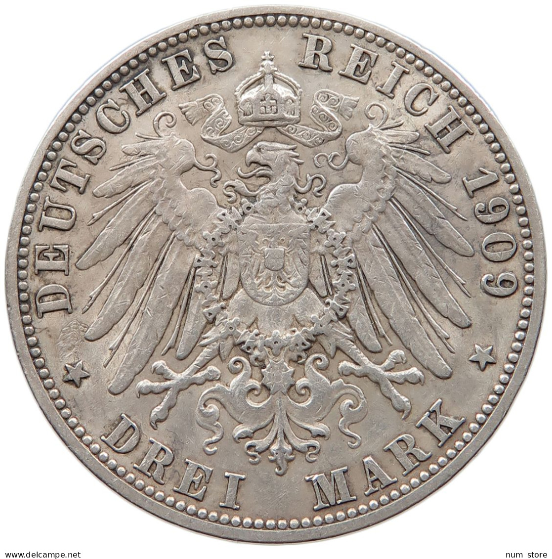 WÜRTTEMBERG 3 MARK 1909 F WILHELM II. 1891-1918. #MA 068645 - 2, 3 & 5 Mark Zilver