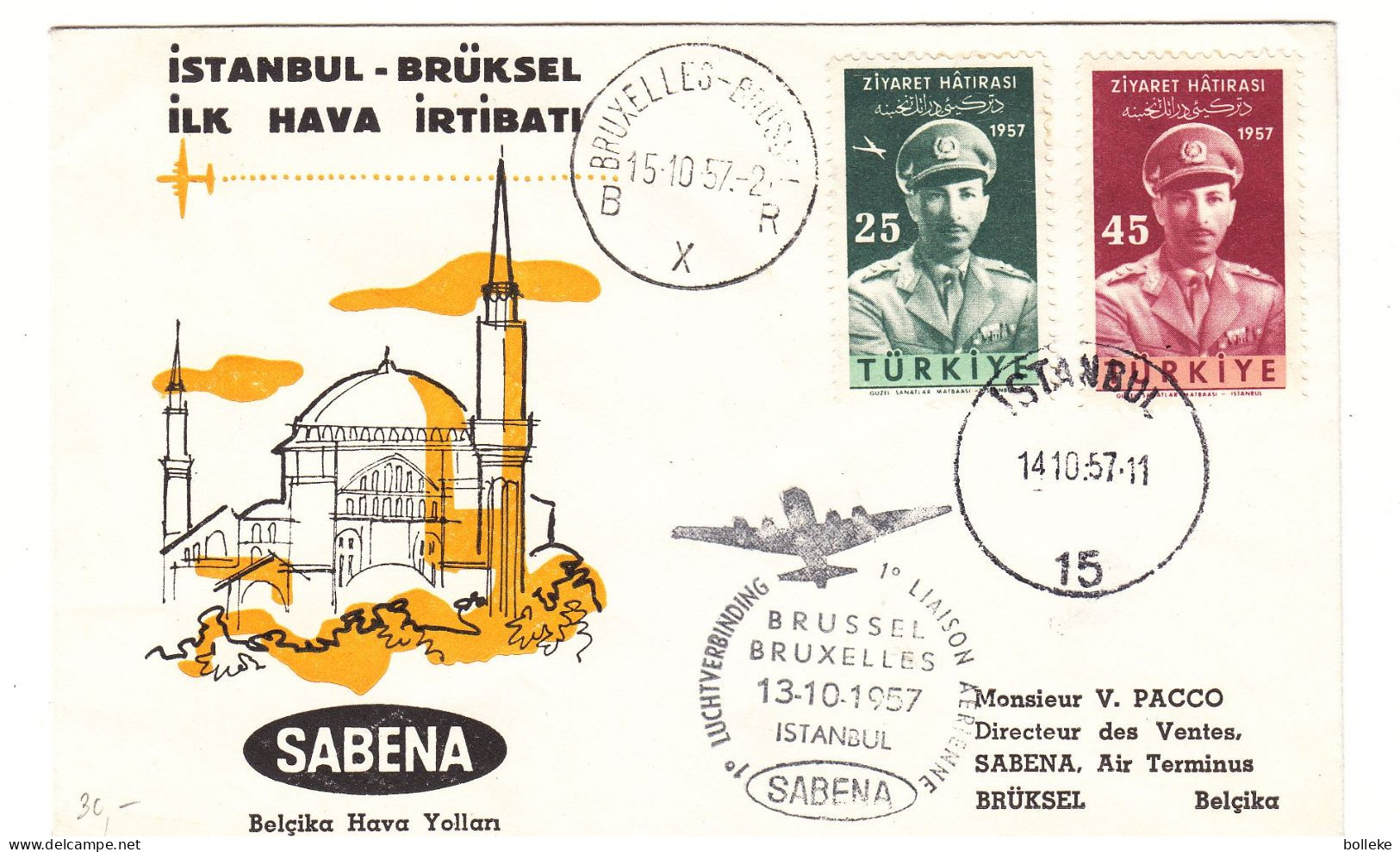 Turquie - Lettre De 1957 - Oblit Istanbul - 1 Er Vol SABENA Bruxelles Istanbul - - Brieven En Documenten