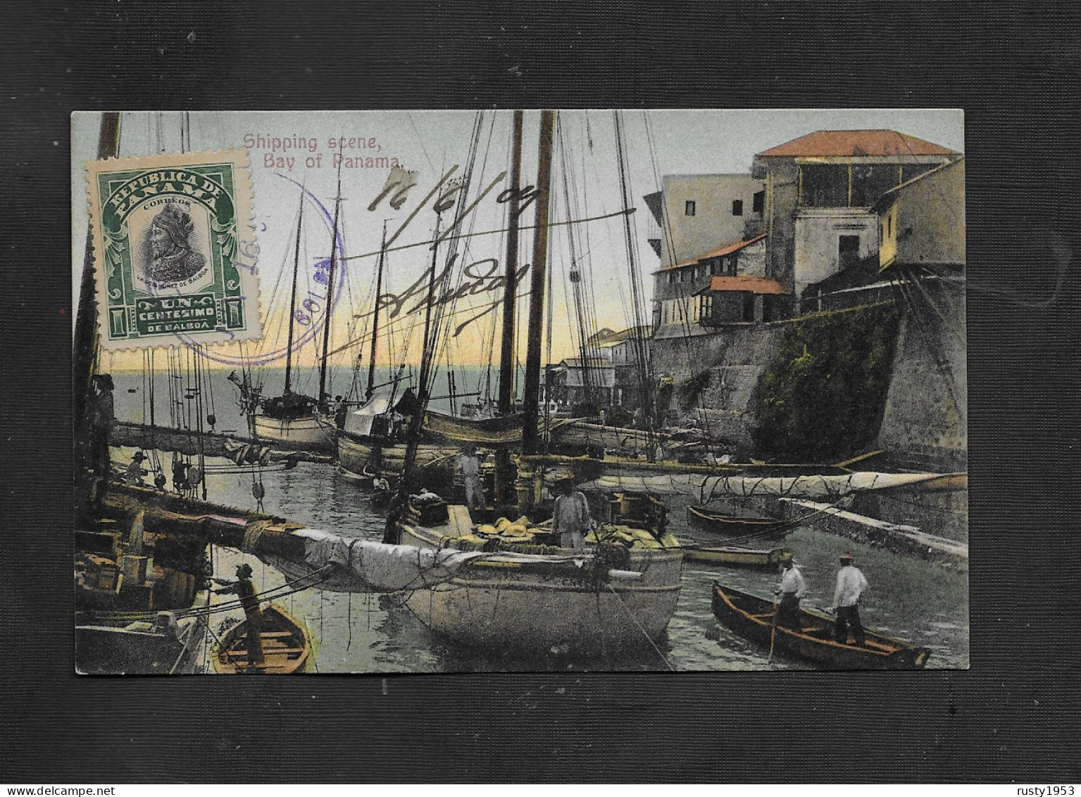 CPA EN COULEUR SUR VIEUX TIMBRE DE PANAMA SPIPPING SCENE MARINE BATEAUX PORT & PERSONNAGES POUR Mr VIGUIER LE HAVRE : - Panama