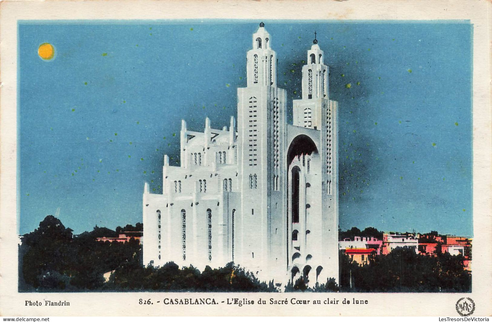 MAROC - Casablanca - L'Eglise Du Sacré Coeur Au Clair De Lune - Colorisé - Carte Postale Ancienne - Casablanca