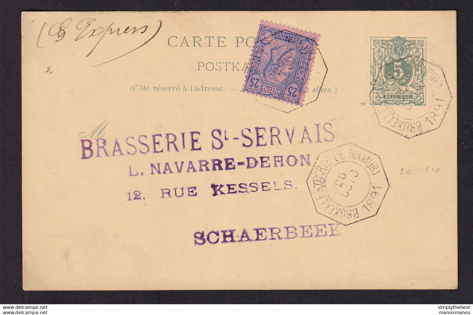 DDAA 747 -- BELGIUM - Entier Postal + TP 48 En EXPRES - Cachet Télégr. BXL Porte De Namur 1891 Vers Brasserie ST SERVAIS - Beers