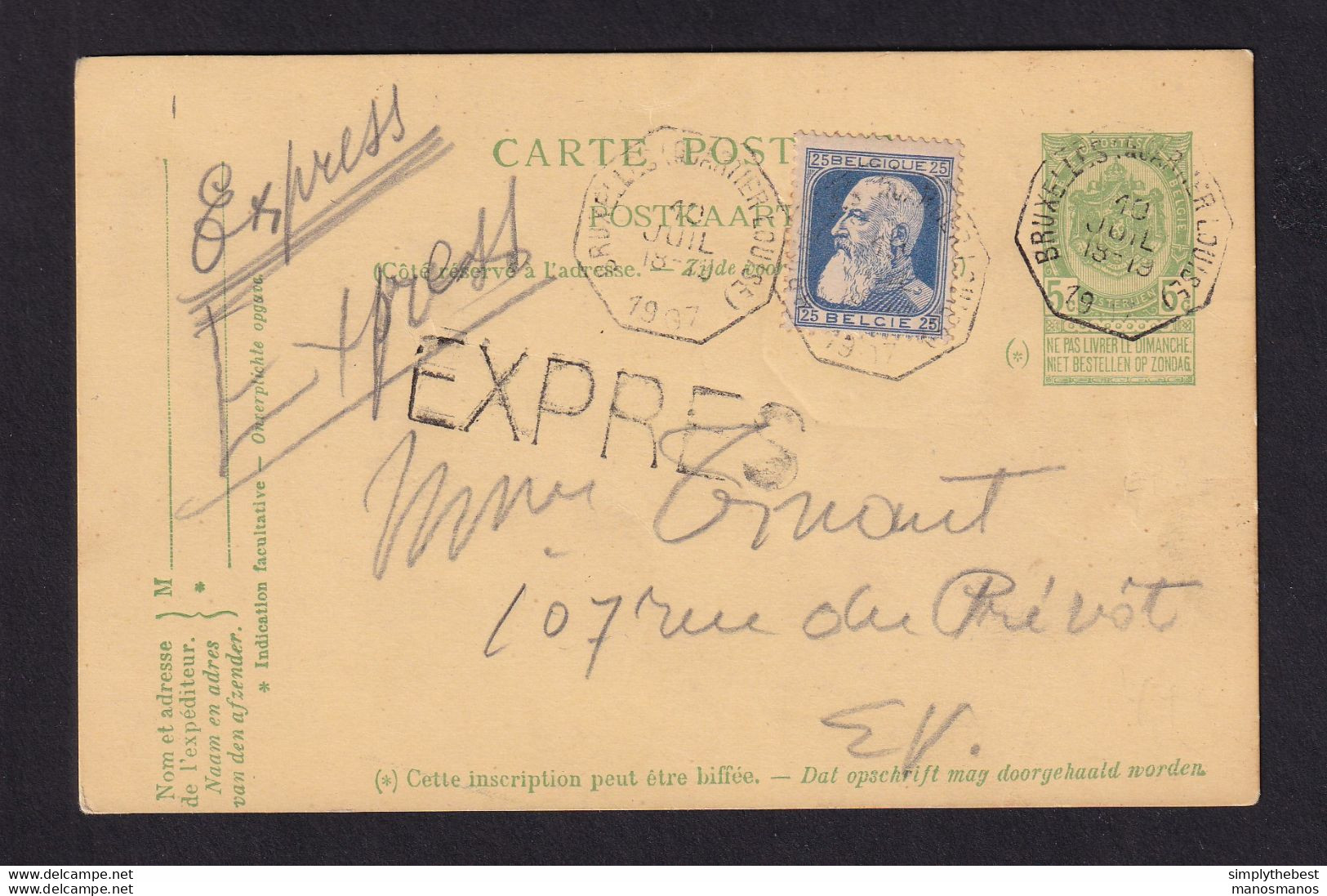 DDAA 735 -- Enveloppe Postal + TP Grosse Barbe En EXPRES - Télégraphique BXL Quartier Louise 1907 En Ville - Postkarten 1871-1909
