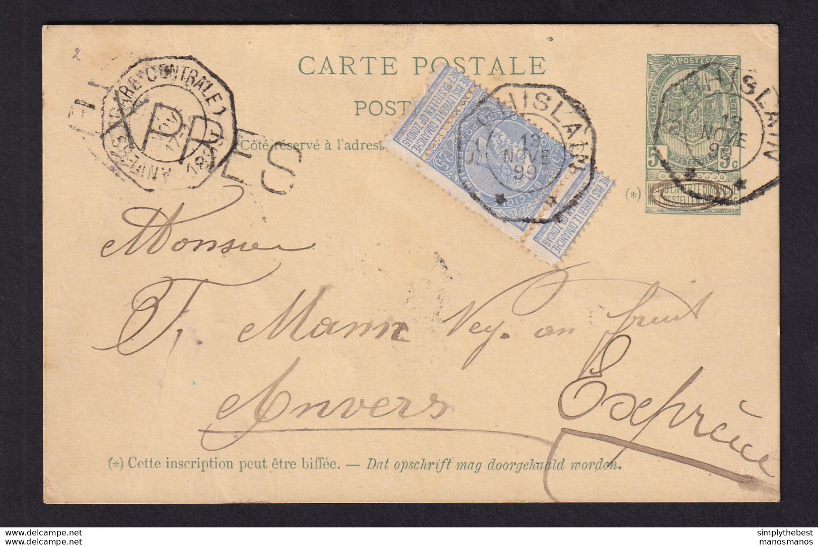 DDAA 740 -- Entier Postal + TP Fine Barbe En EXPRES - Cachet Télégraphique ST GHISLAIN 1899 Vers ANVERS Gare Centrale - Cartes Postales 1871-1909