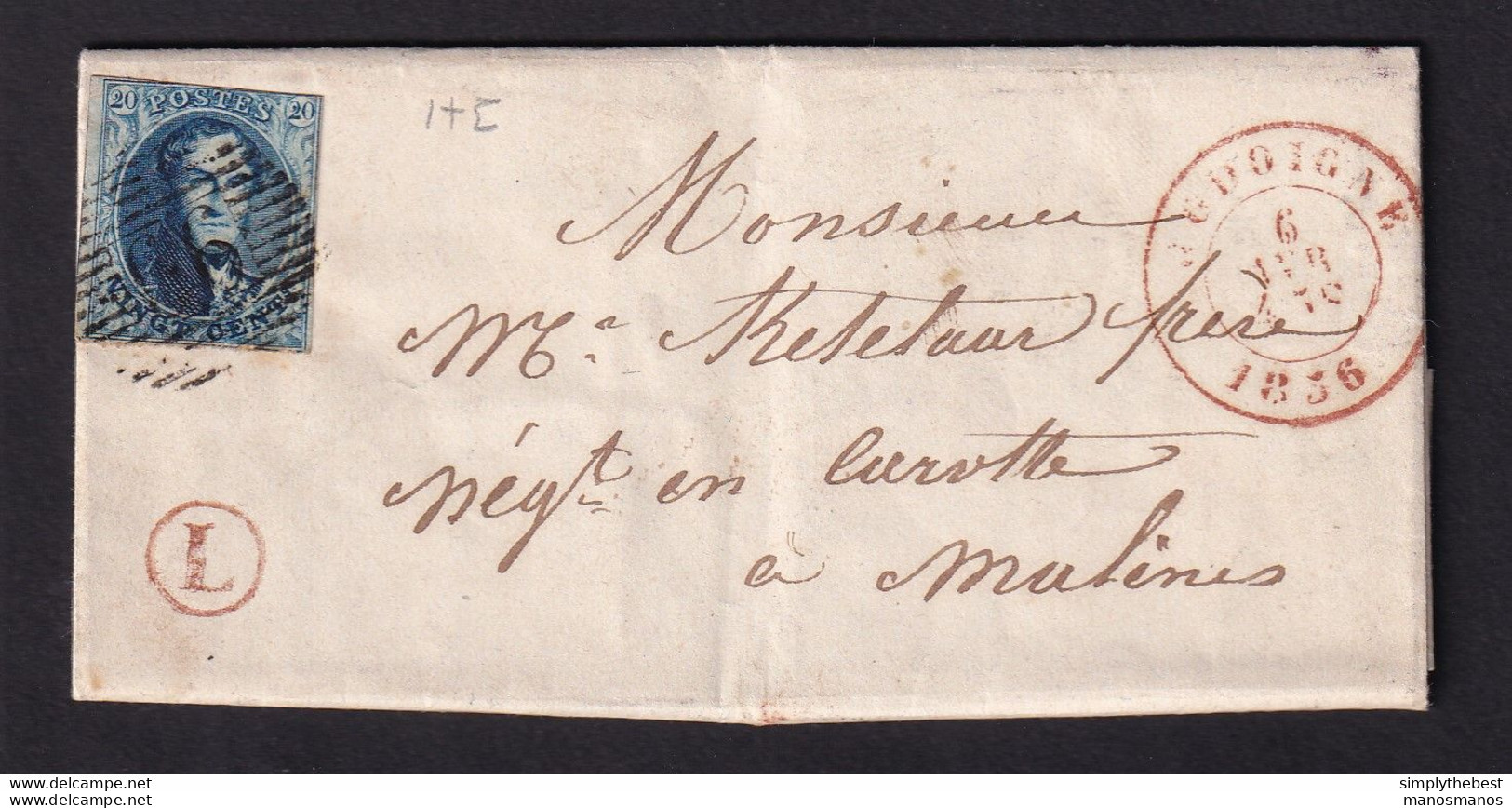 DDAA 593 -- Lettre TP Médaillon Déf. 20 C  Barres 66 JODOIGNE 1856 Vers MALINES - Boite L En Rouge De AUTRE-EGLISE - Rural Post