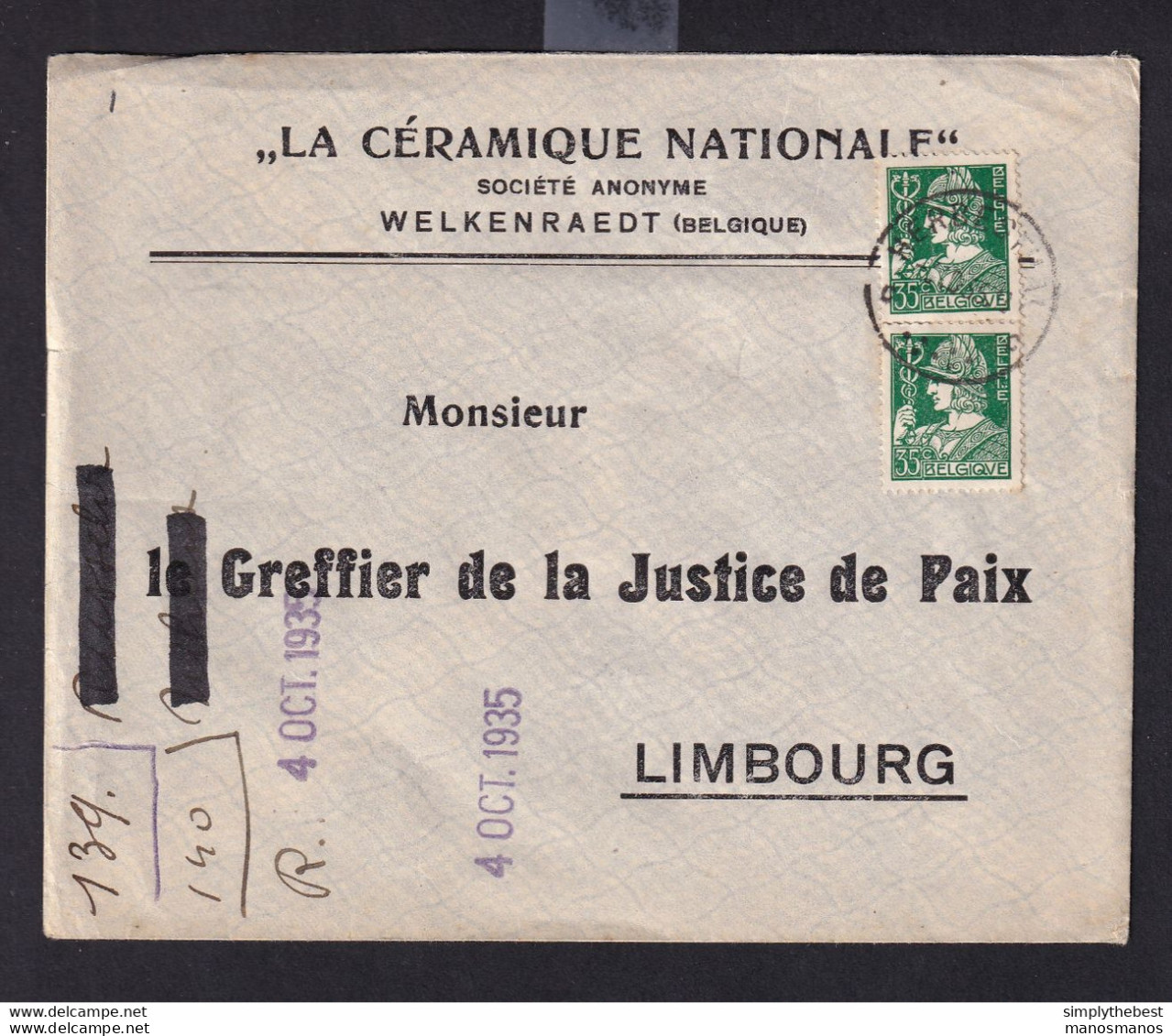 DDAA 457 - CANTONS DE L'EST - La Céramique Nationale WELKENRAEDT - Enveloppe TP Mercure HERBESTHAL 1935 - 1932 Ceres Y Mercurio